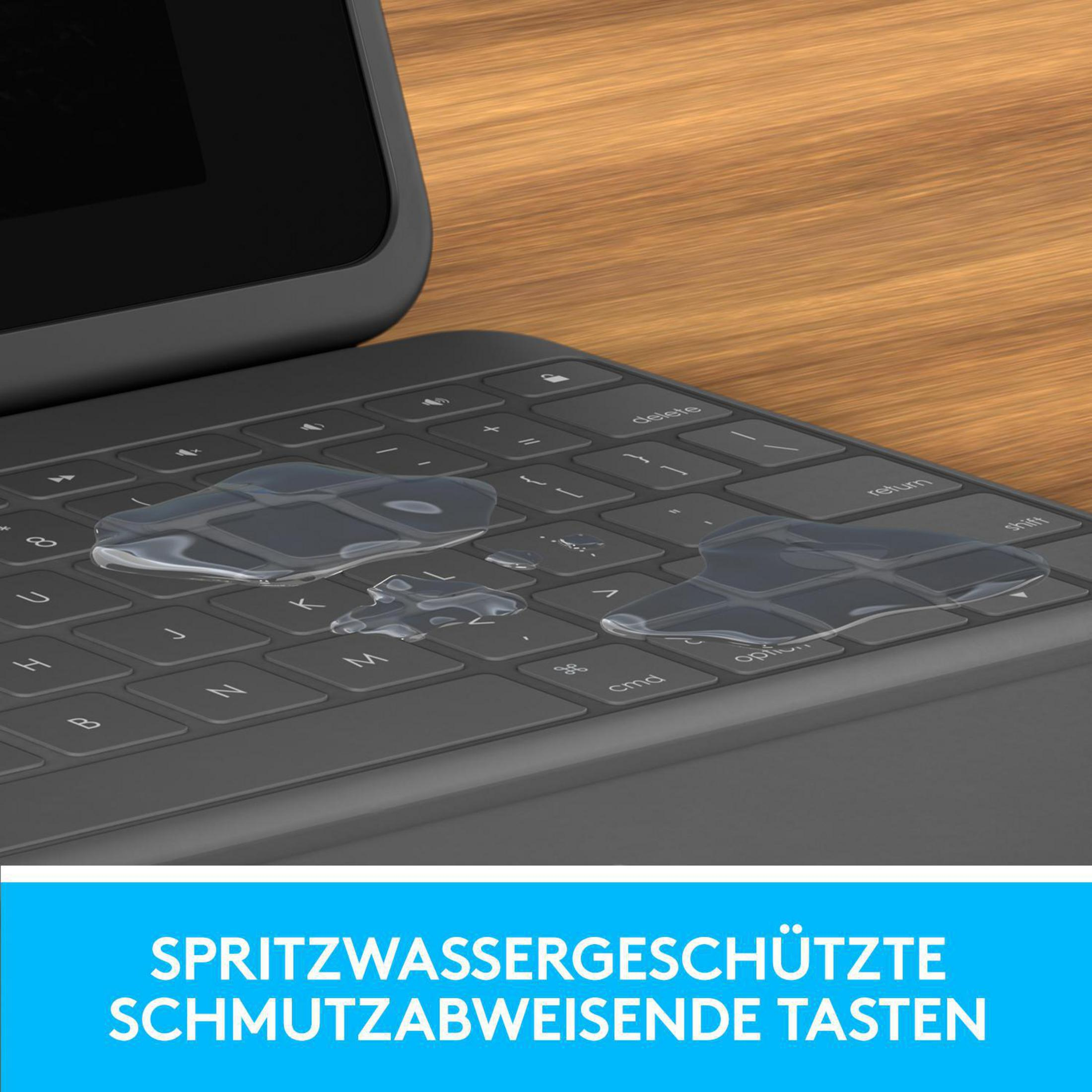 Wassertropfen auf einer Laptop-Tastatur. Text: spritzwassergeschützte, schmutzabweisende Tasten.
