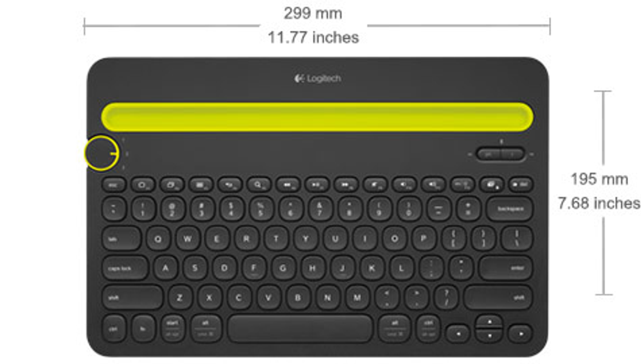 Tastiera nera con accento giallo, misure visualizzate. Un prodotto Logitech.
