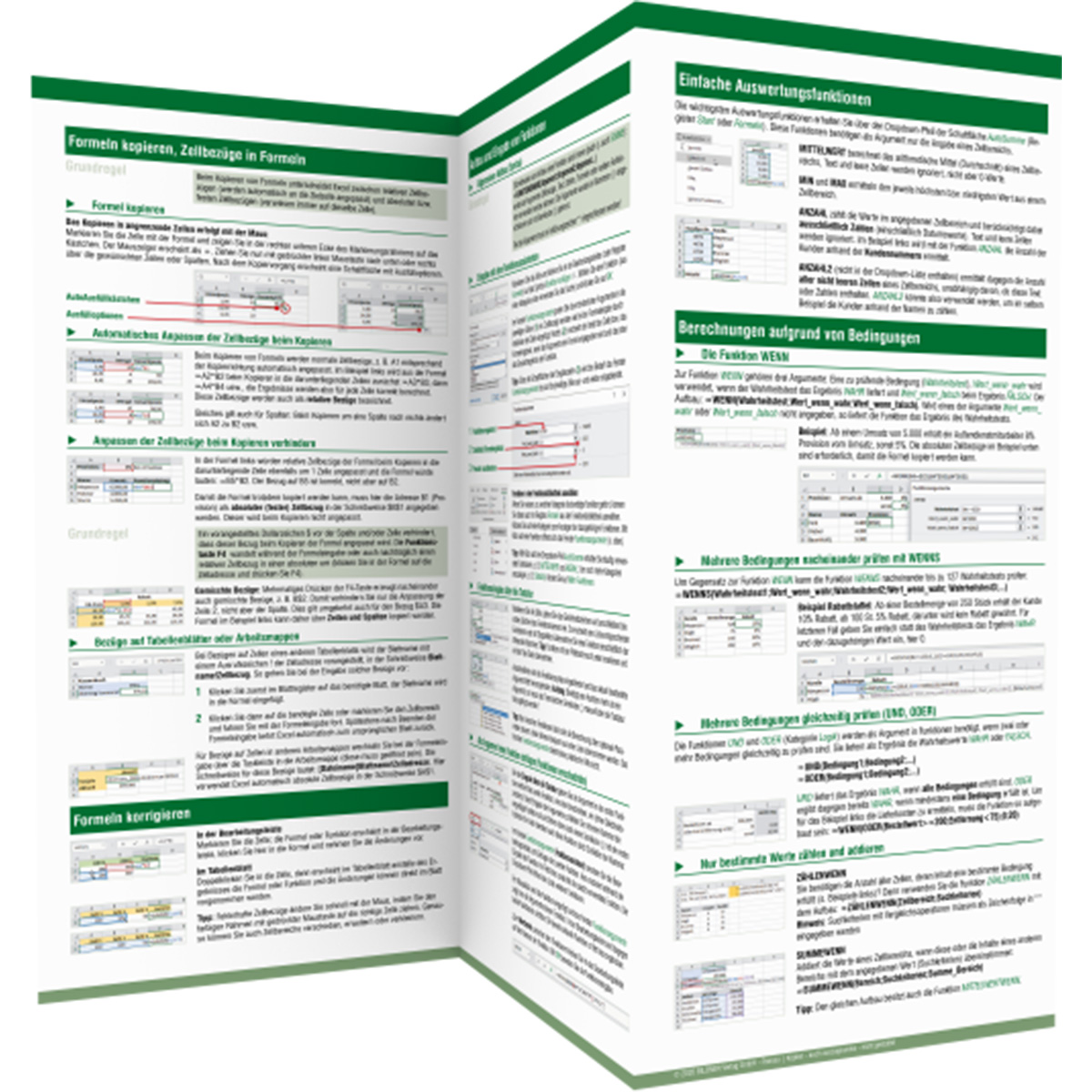 Offenes Heft mit deutschem Text und Bildern über Formeln und Berechnungen in Excel.