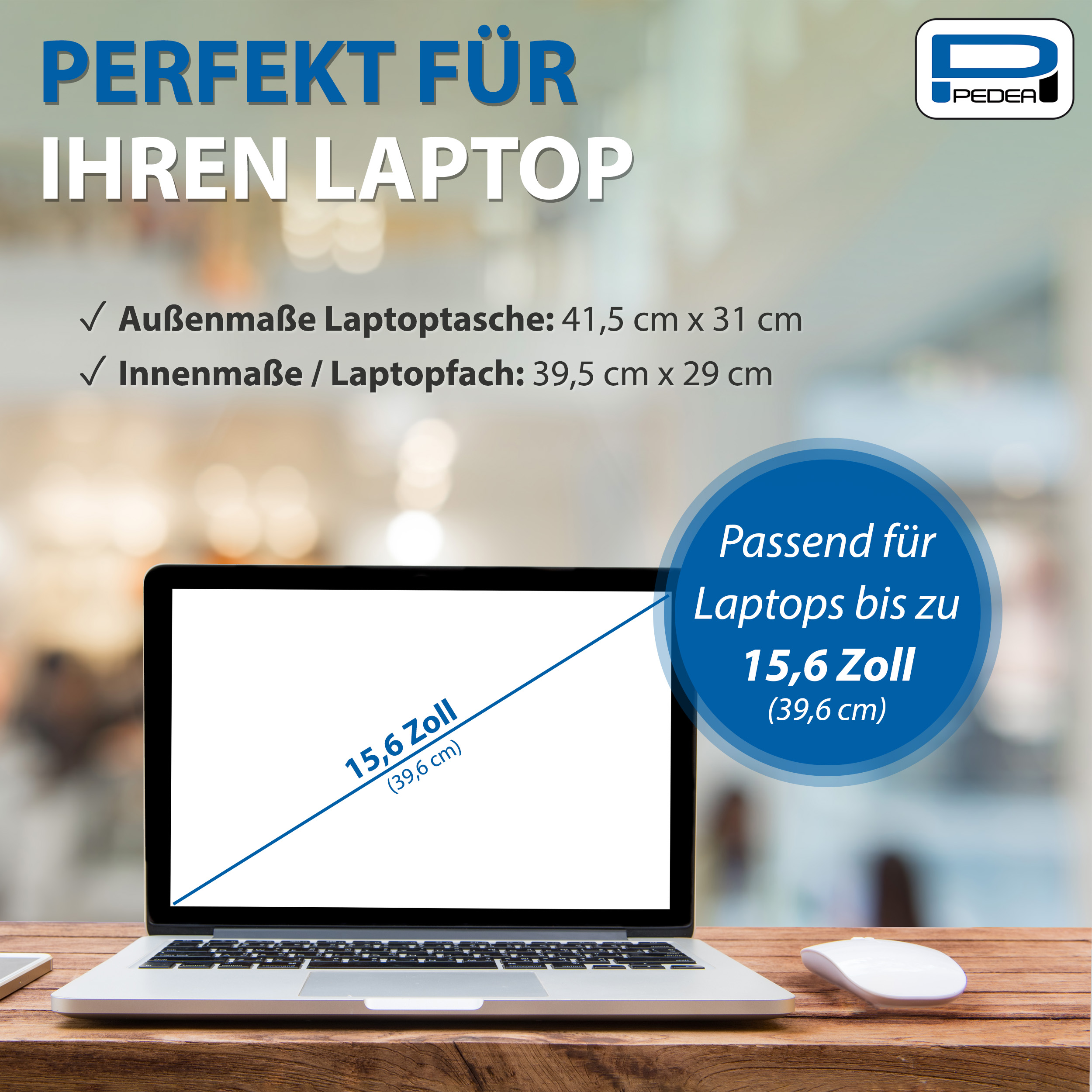 Laptop su scrivania in legno con testo sulla compatibilità delle dimensioni e un mouse.