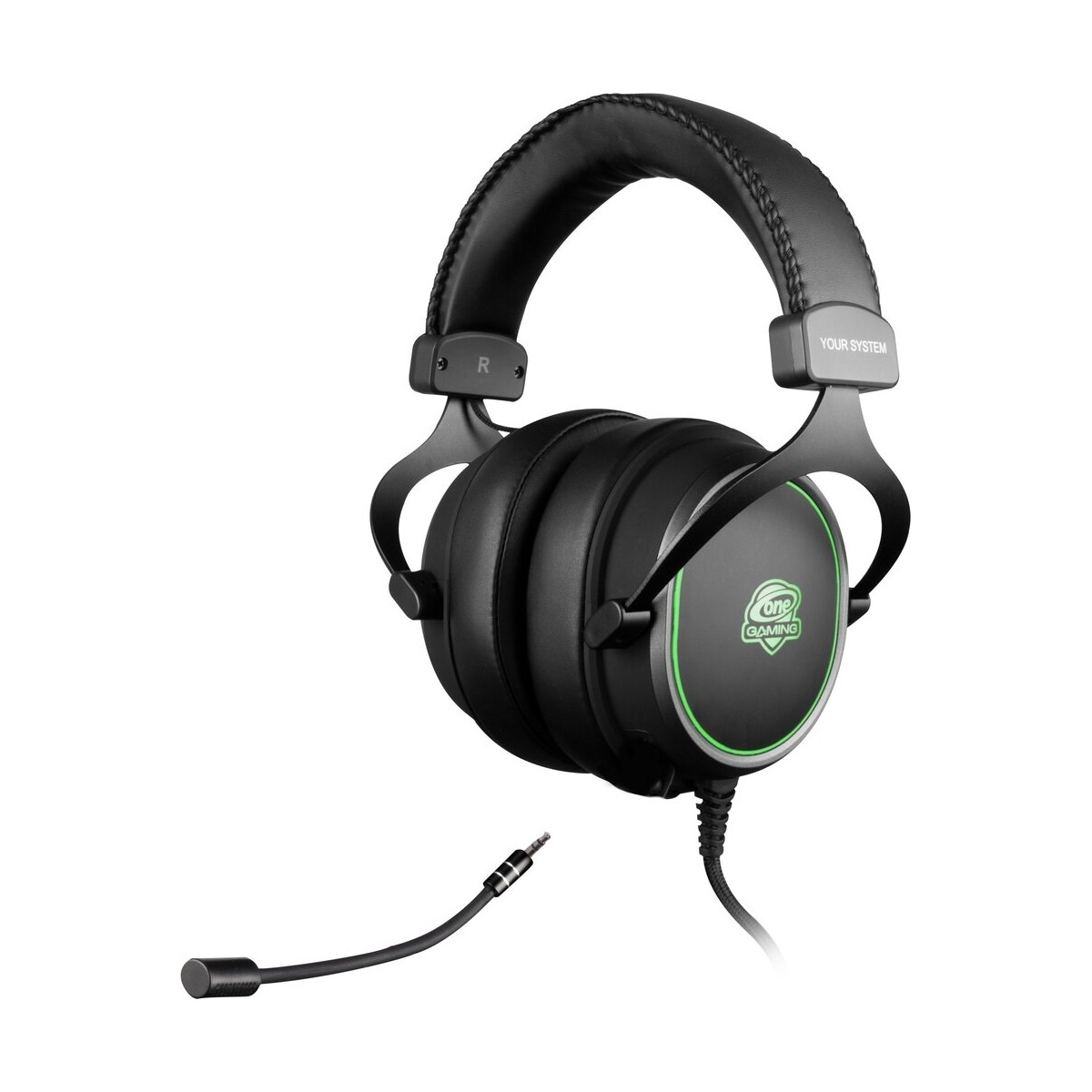 Schwarzes Gaming-Headset mit Mikrofon und grünem Kreis auf den Ohrmuscheln.