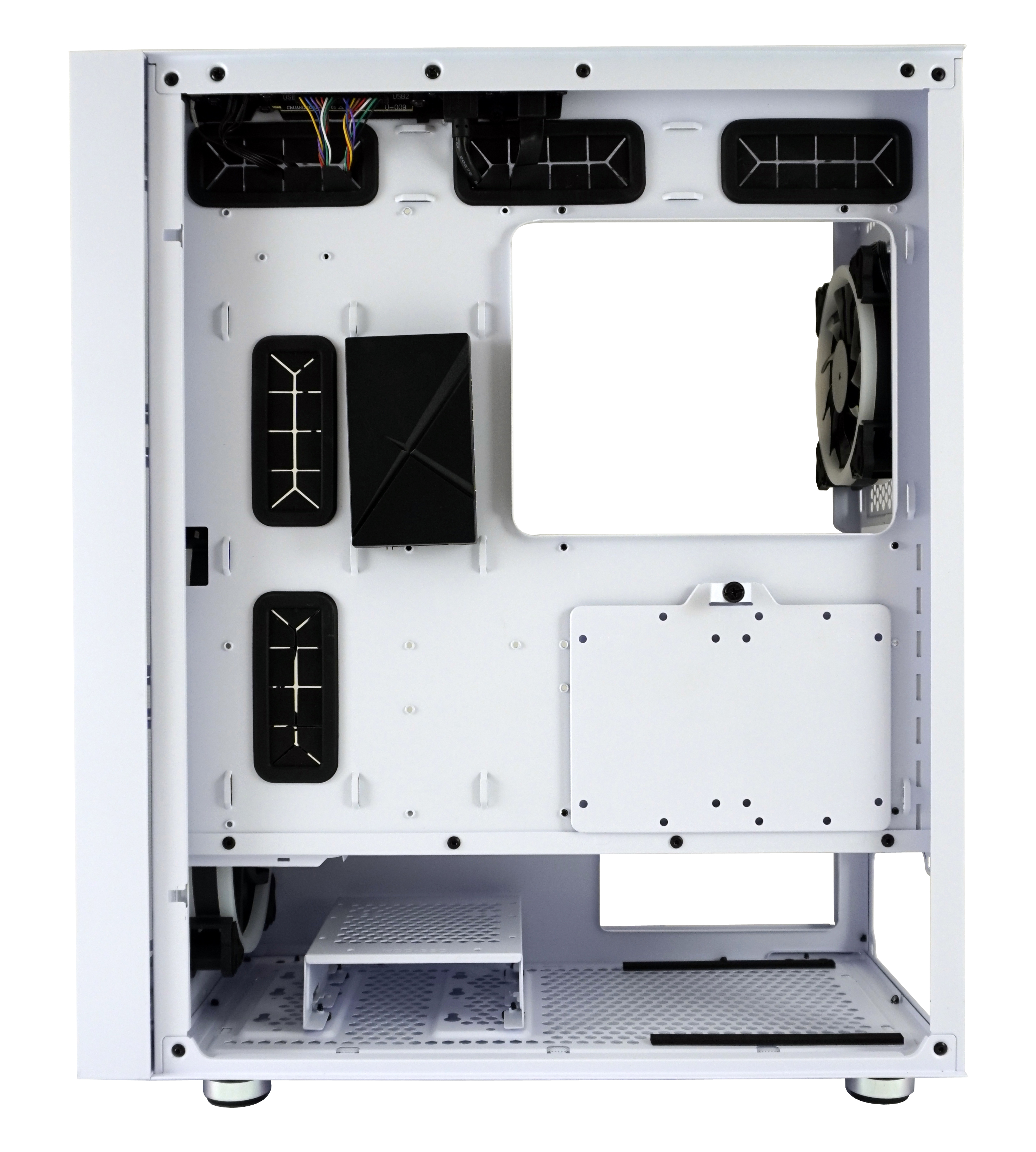 Widok wewnętrzny białej obudowy komputera z różnymi elementami.