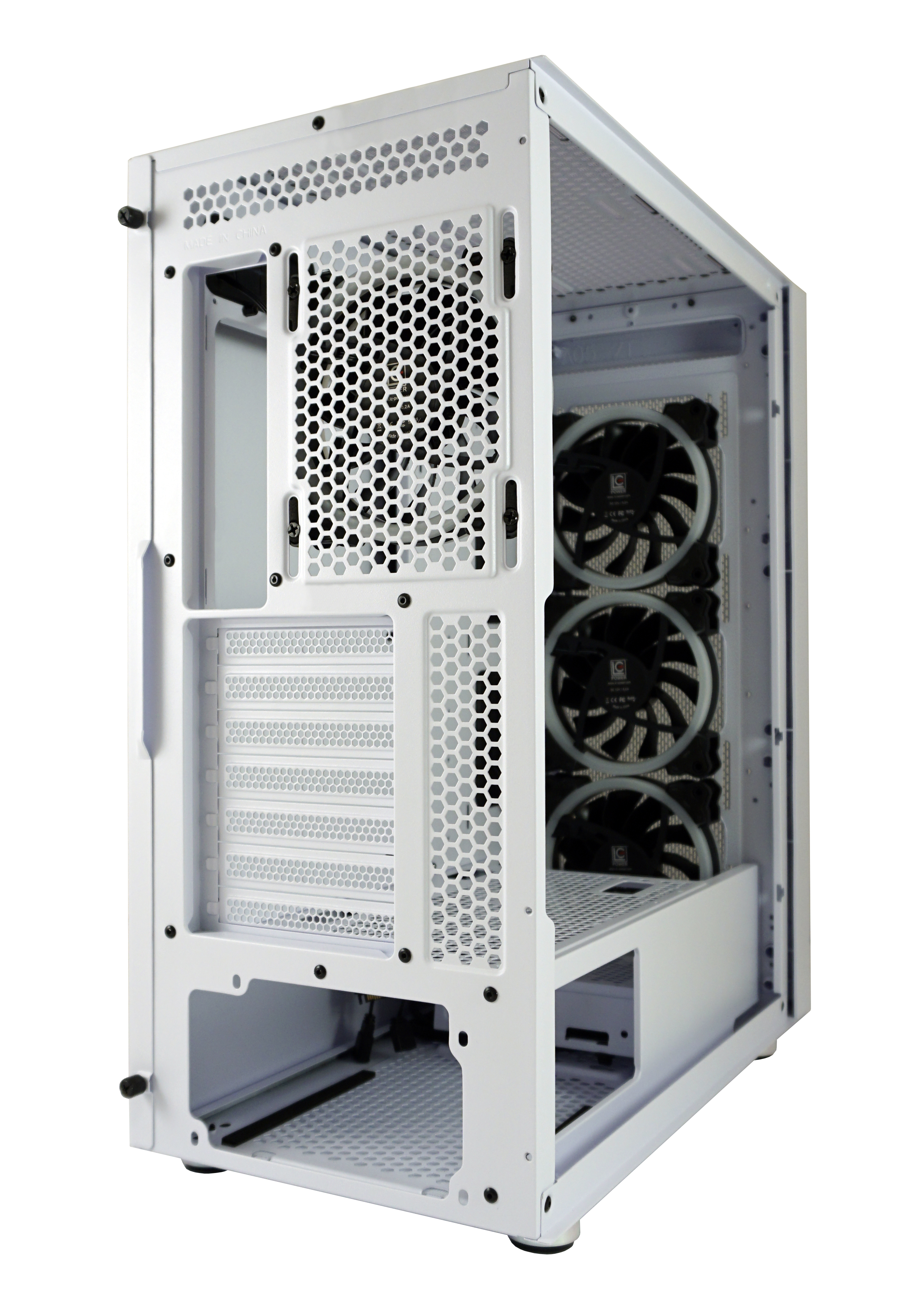 Biała obudowa komputera z wentylatorami w środku. Ma siatkowy design z boku.
