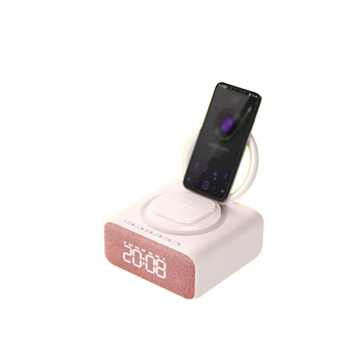 Pinker und weißer Wecker mit einem Telefon, das oben auflädt.