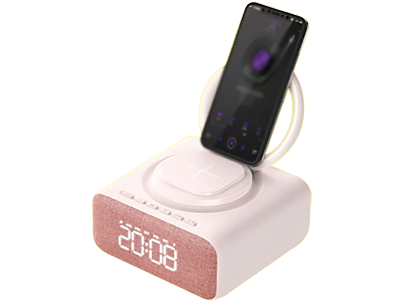 ENBAOXIN Bluetooth Ladegerät Wecker Musik, FM Licht Radio Nacht Handyhalterung Bluetooth-Lautsprecher, Rosa