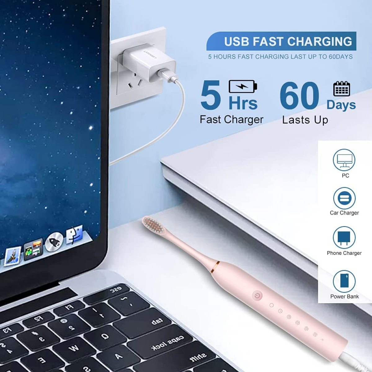 Laptop lädt mit einer Zahnbürste, zeigt Ladedetails wie 5 Stunden Schnellladung und 60 Tage.