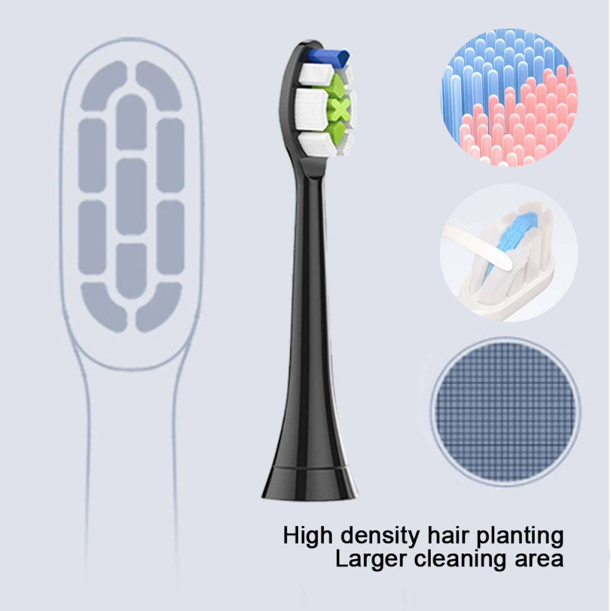 Schwarzer Zahnbürstenkopf mit verschiedenfarbigen Borsten. Zusätzliche Diagramme zeigen Borstendesign und Raster.