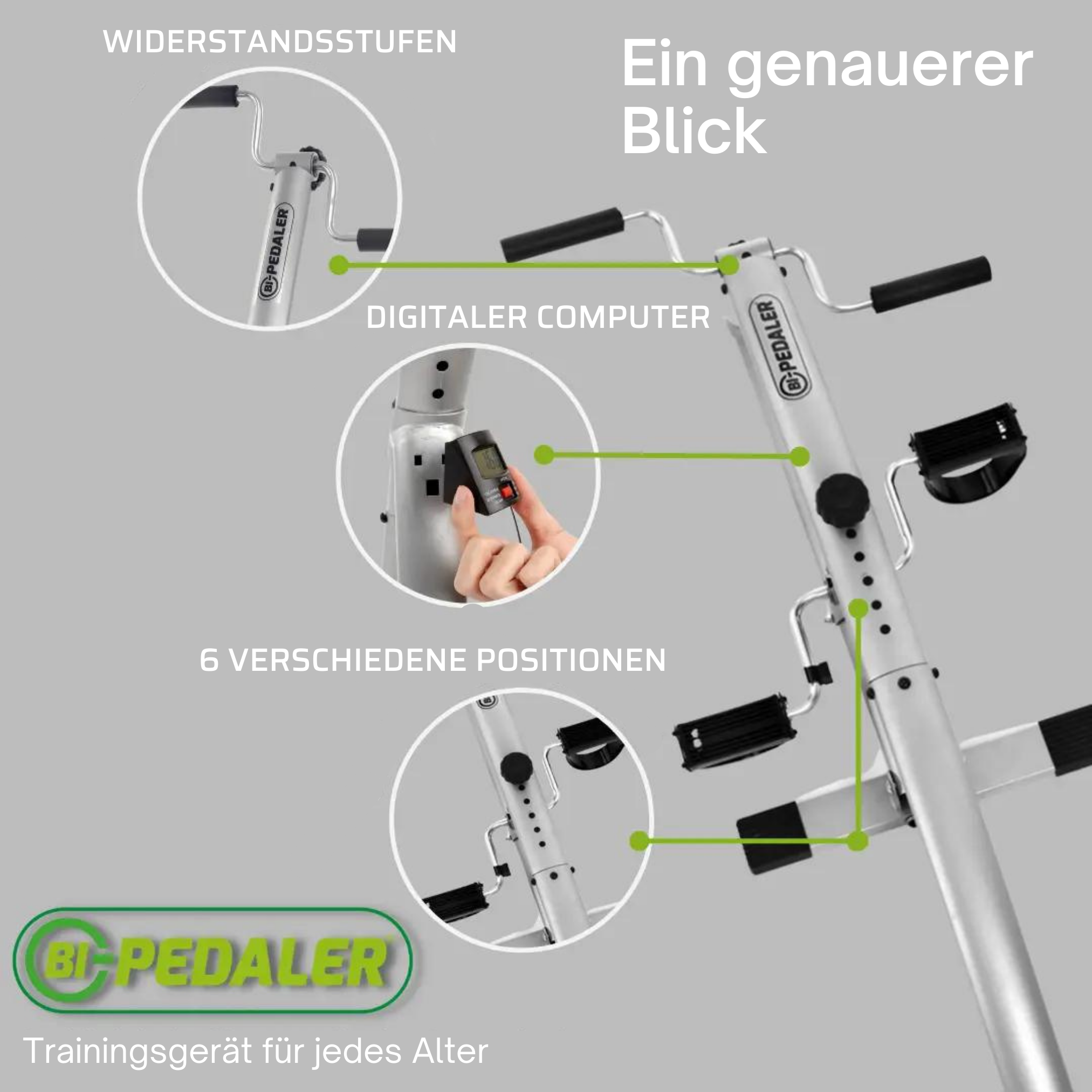 Diagramm einer BI-PEDALER Trainingsmaschine mit Beschriftungen.