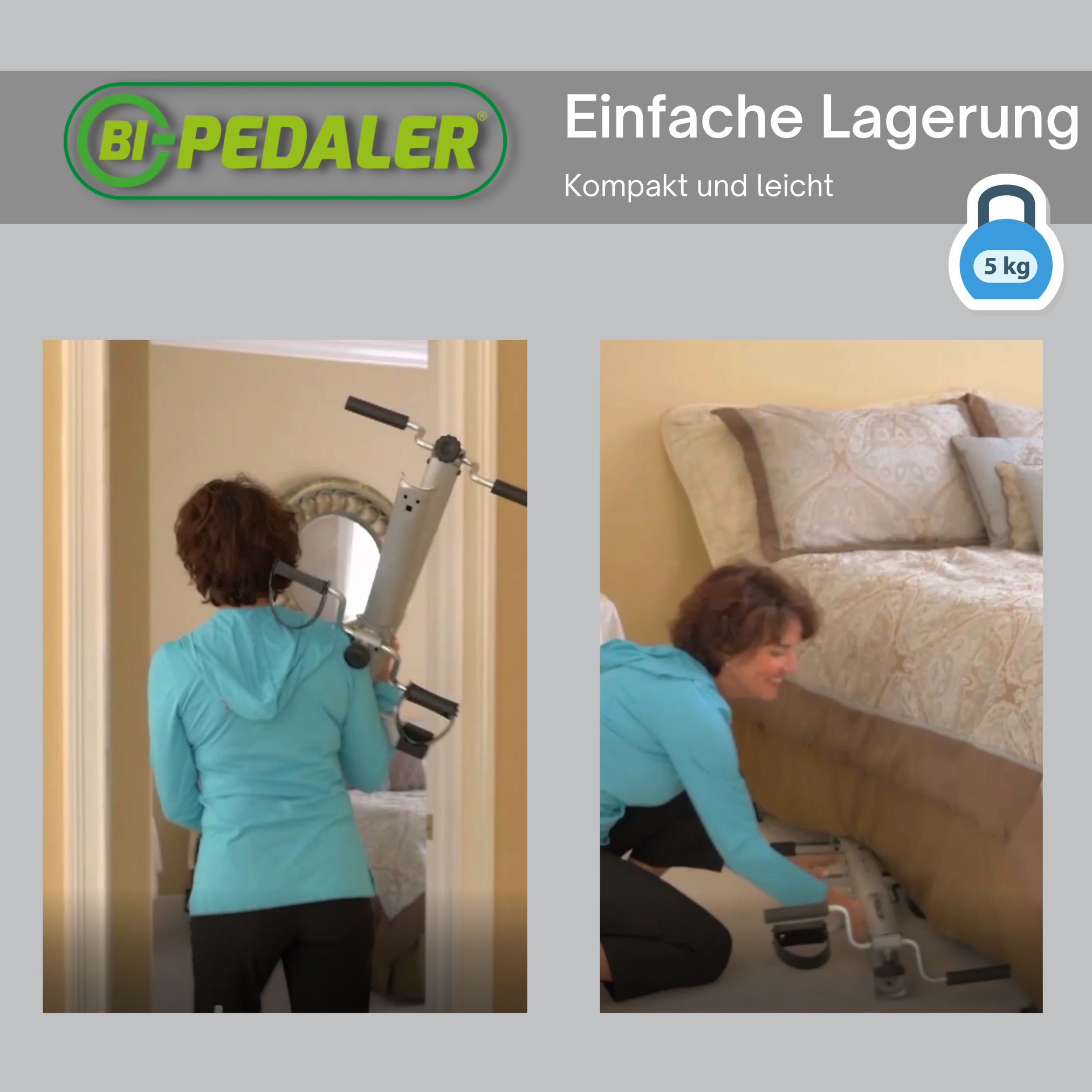 Eine Frau benutzt Bi-Pedaler zum Trainieren. Das Gerät wird in Benutzung und bei der Lagerung gezeigt.