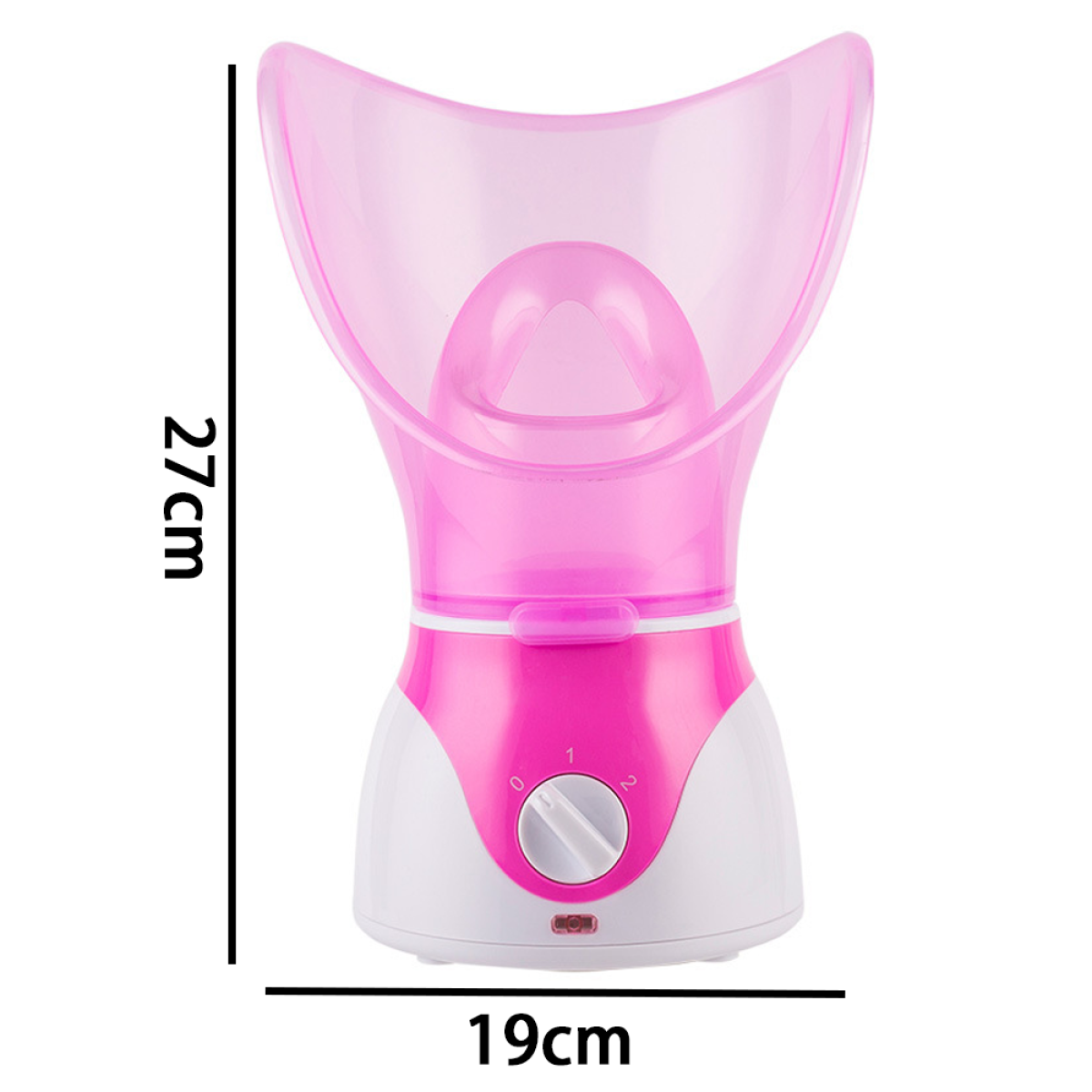 Rosa-weißer Gesichtsdampfer. Abmessungen: 27 cm Höhe und 19 cm Breite. Ein Drehregler ist sichtbar.
