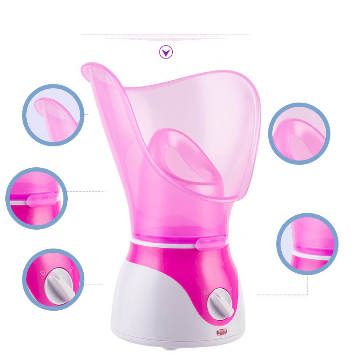 Gesichtsdampfer mit pinken Teilen und weißer Basis. Ein weißer Hintergrund mit Diagrammen.