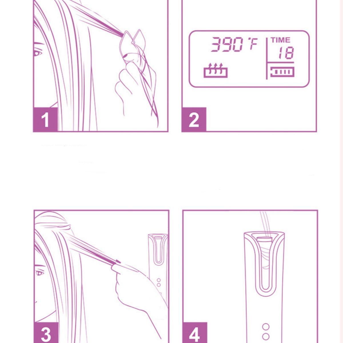 Vier Bilder, die das Locken der Haare mit einem Lockenstab zeigen. Ein digitales Display zeigt Temperatur und Zeit.