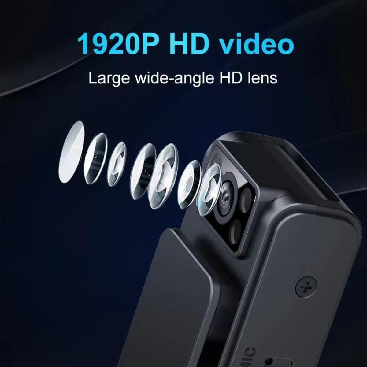 Schwarze Kamera mit Linsendetails und Text, '1920P HD Video' und 'Großes Weitwinkel-HD-Objektiv' auf dunklem Hintergrund.