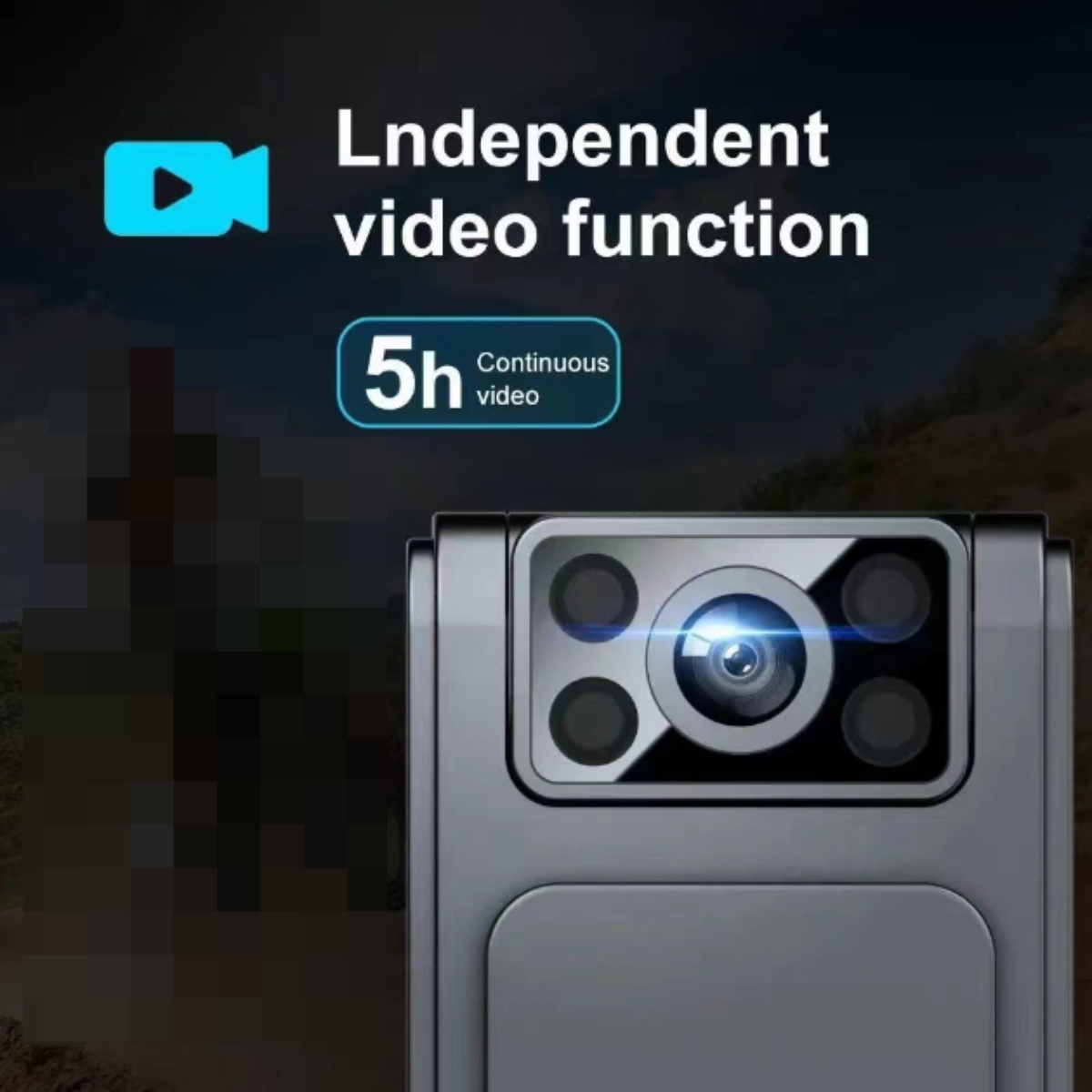 Kleine graue Kamera mit Text, der eine Videofunktion und 5 Stunden Video anzeigt.