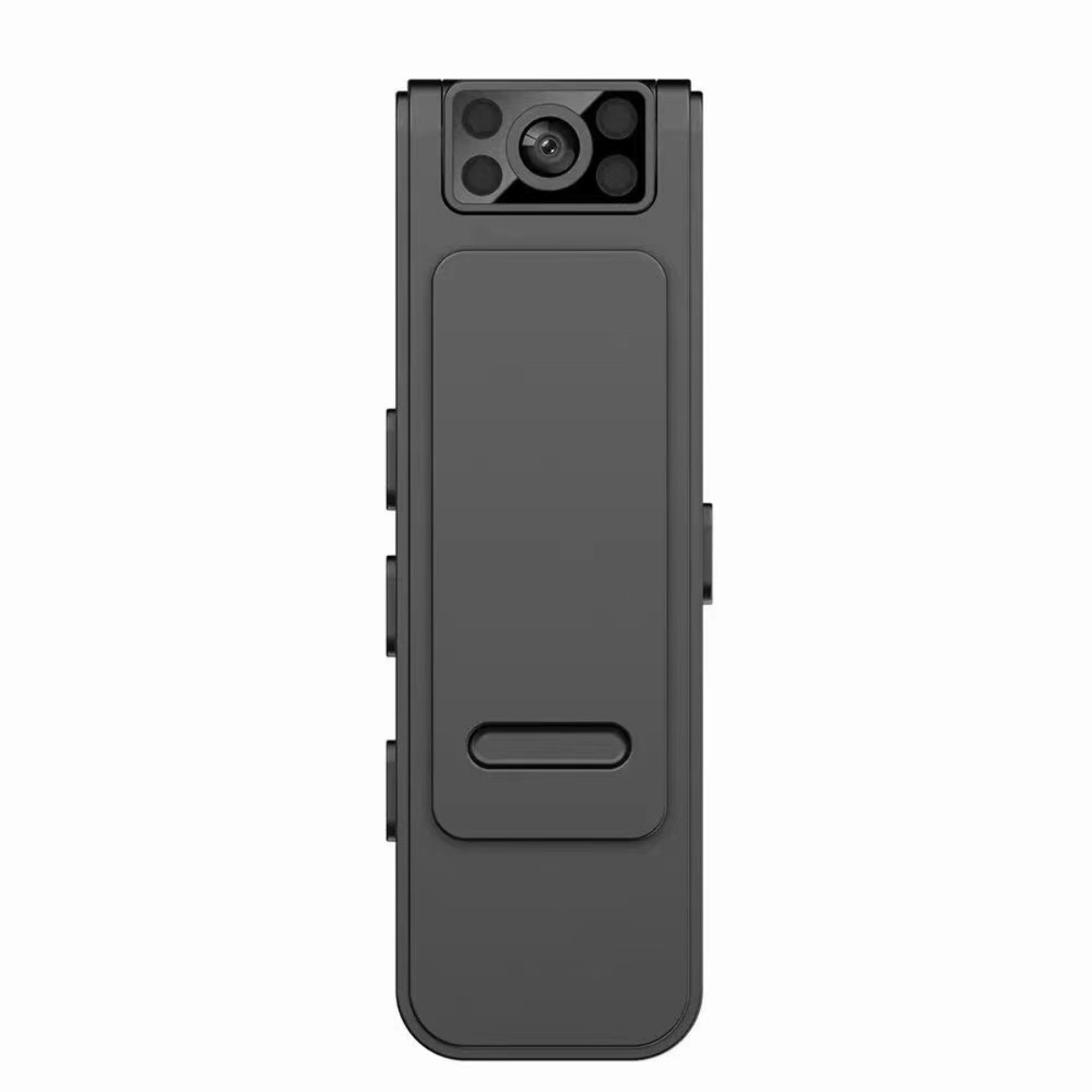 Kleine schwarze Kamera mit mehreren Linsen und Clip.
