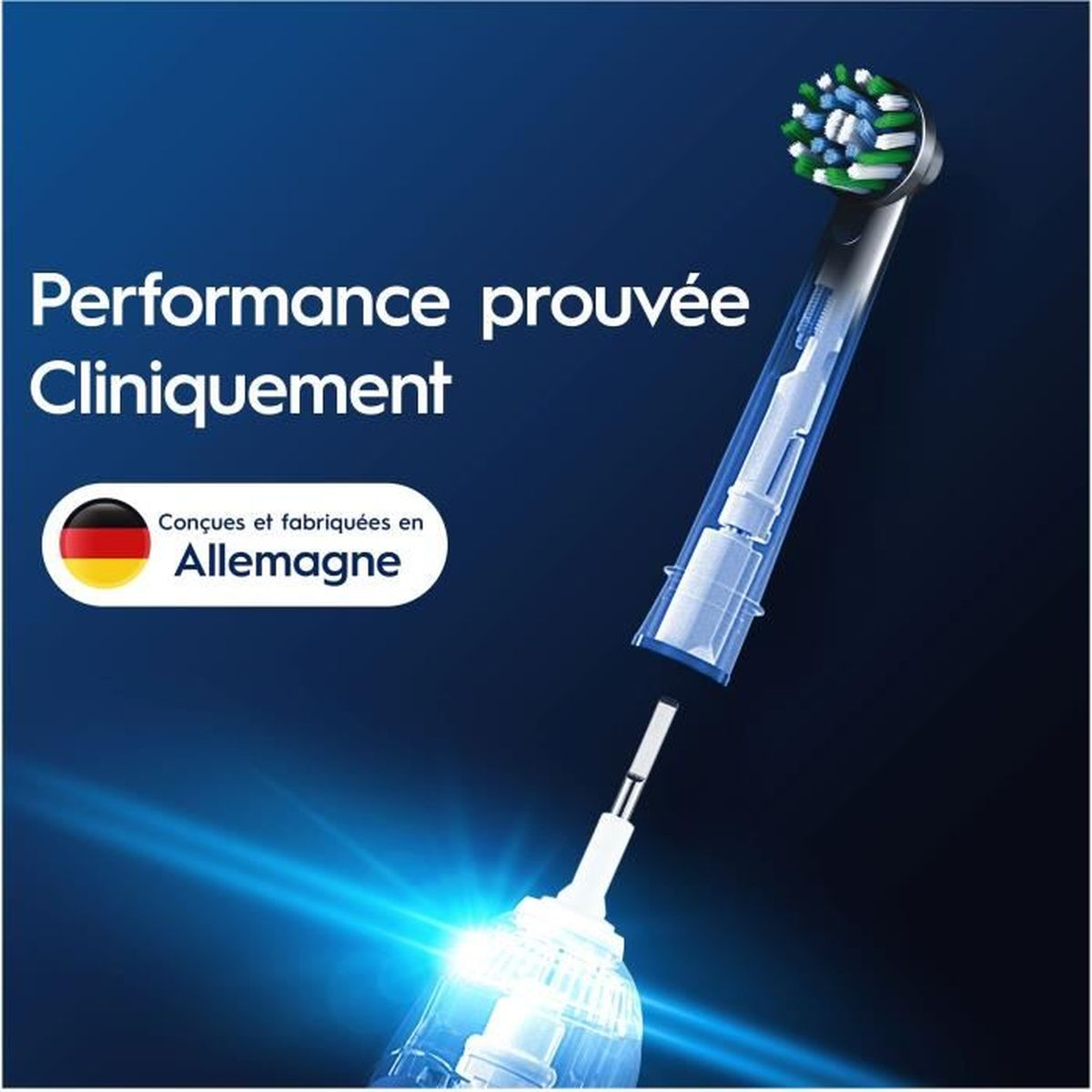 Główka szczoteczki do zębów z przezroczystym uchwytem. Tekst: 'Performance prouvée cliniquement' i 'Conçus et fabriqués en Allemagne'.