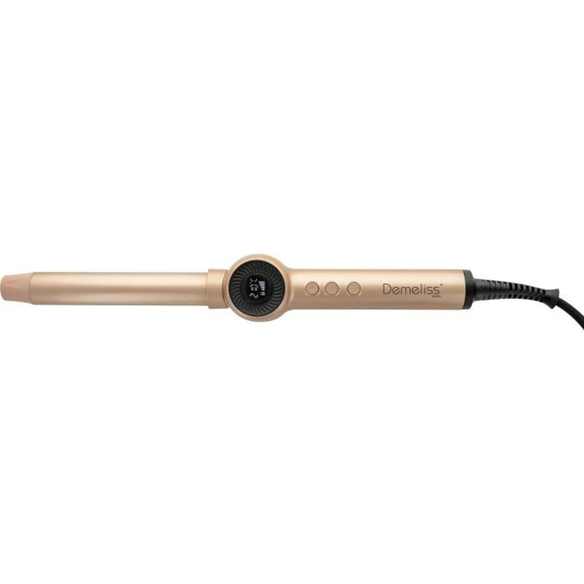 Goldener Lockenstab, Marke Demeliss, mit Digitalanzeige und Knöpfen. Schwarzes Kabel erstreckt sich nach rechts.