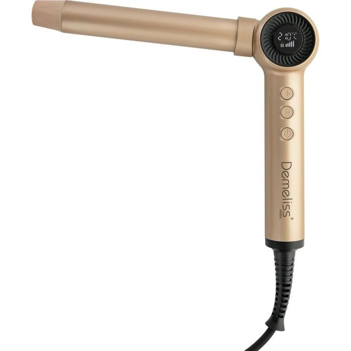 Goldfarbener Haartrockner mit Digitalanzeige und Steuertasten. Er hat ein schwarzes Kabel.
