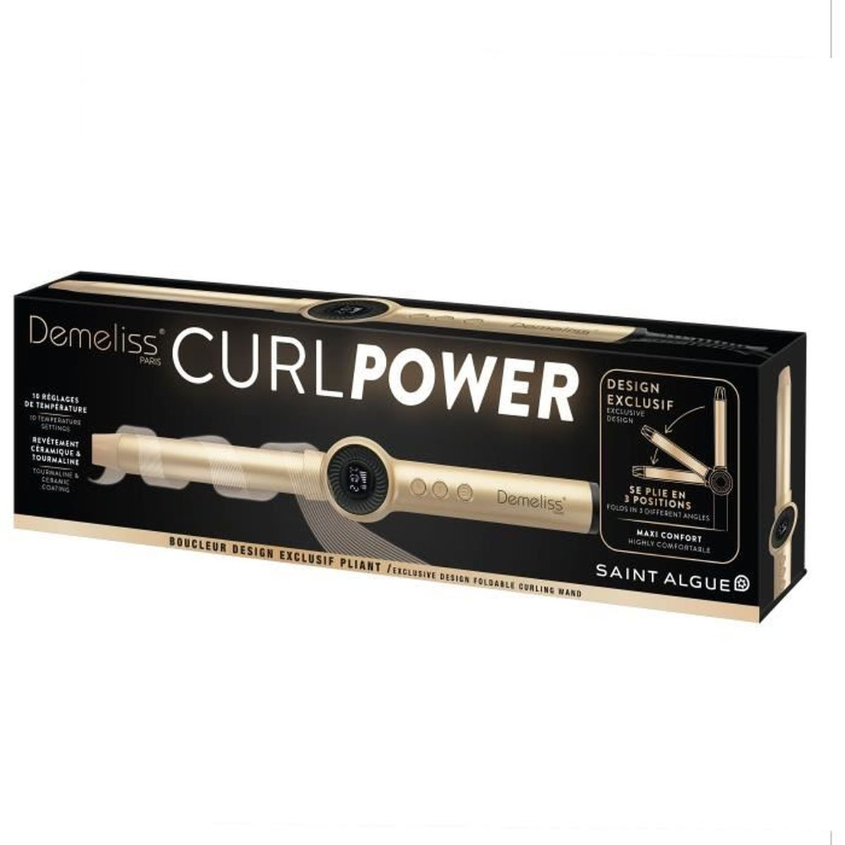 Haar-Lockenstab mit Box. Text auf der Box enthält 'CURL POWER' und 'Demeliss Paris'.