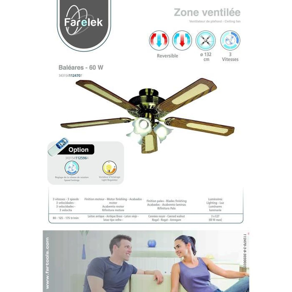 Ventilador de techo - FARELEK 208514210, 60 W, 3 velocidades, Blanco