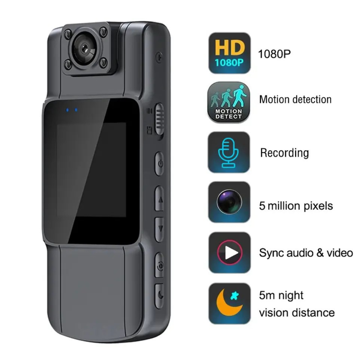 Eine graue Mini-Kamera mit Funktionssymbolen: 1080p, Bewegungserkennung, Aufnahme, 5 Megapixel, Audiosynchronisation, Nachtsicht.