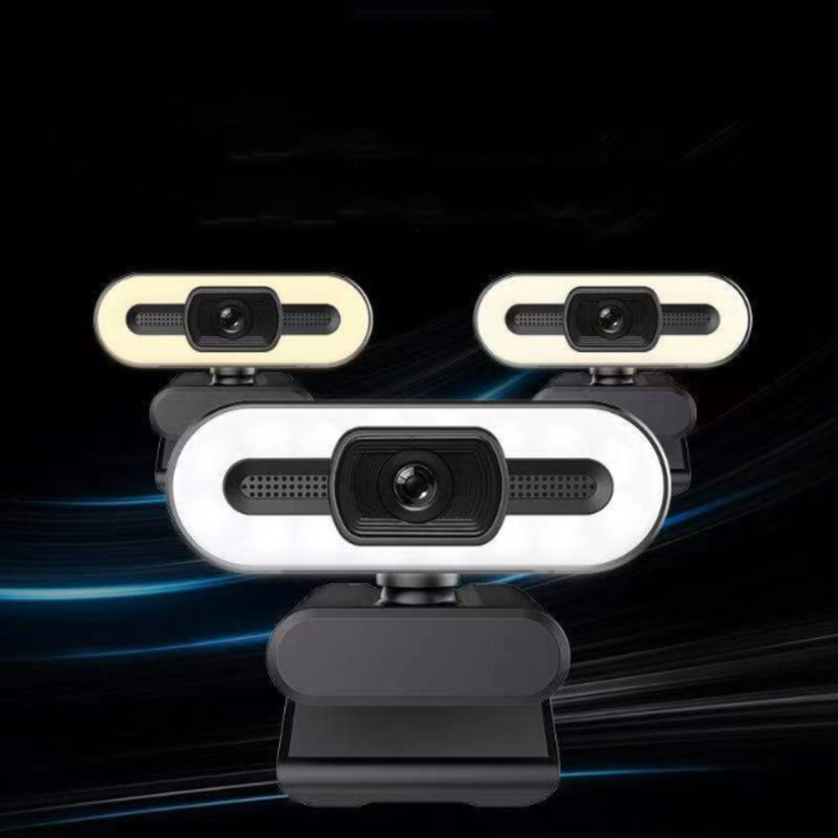 Webcam mit drei Kameras und LED-Leuchten. Schwarze Basis mit dunkelblauem Hintergrund.