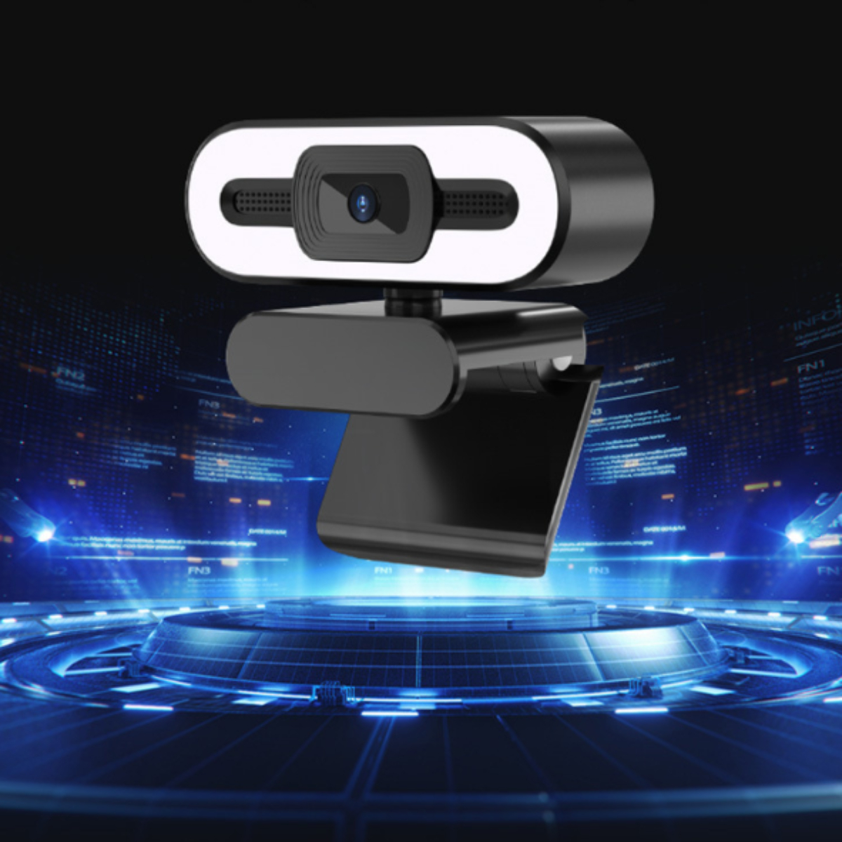 Schwarze Webcam mit weißem Akzent. Futuristischer blauer Hintergrund mit Linien und Kreisen.