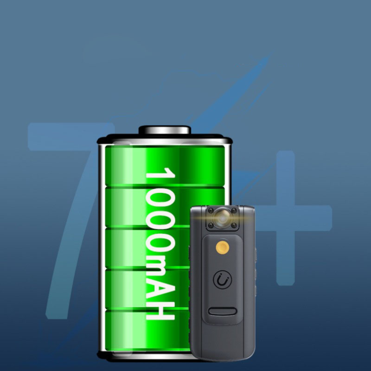 Grüne Batterie mit 1000mAh. Daneben ein kleines schwarzes Gerät. Blauer Hintergrund mit weißen Linien.