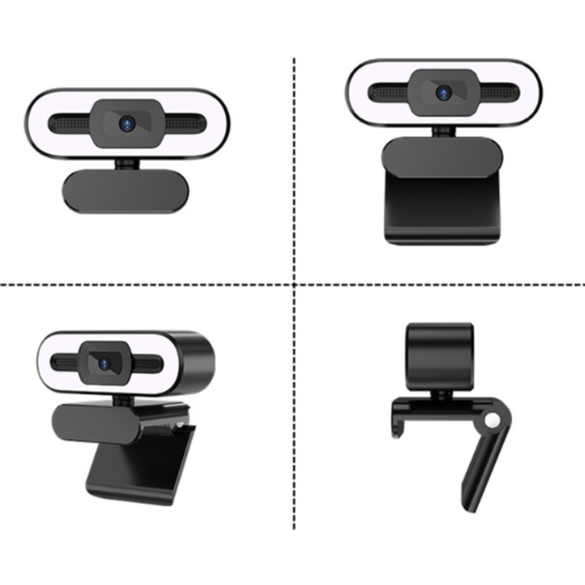 Vier verschiedene Ansichten einer Webcam. Die Webcam ist schwarz, mit Clip und Licht.
