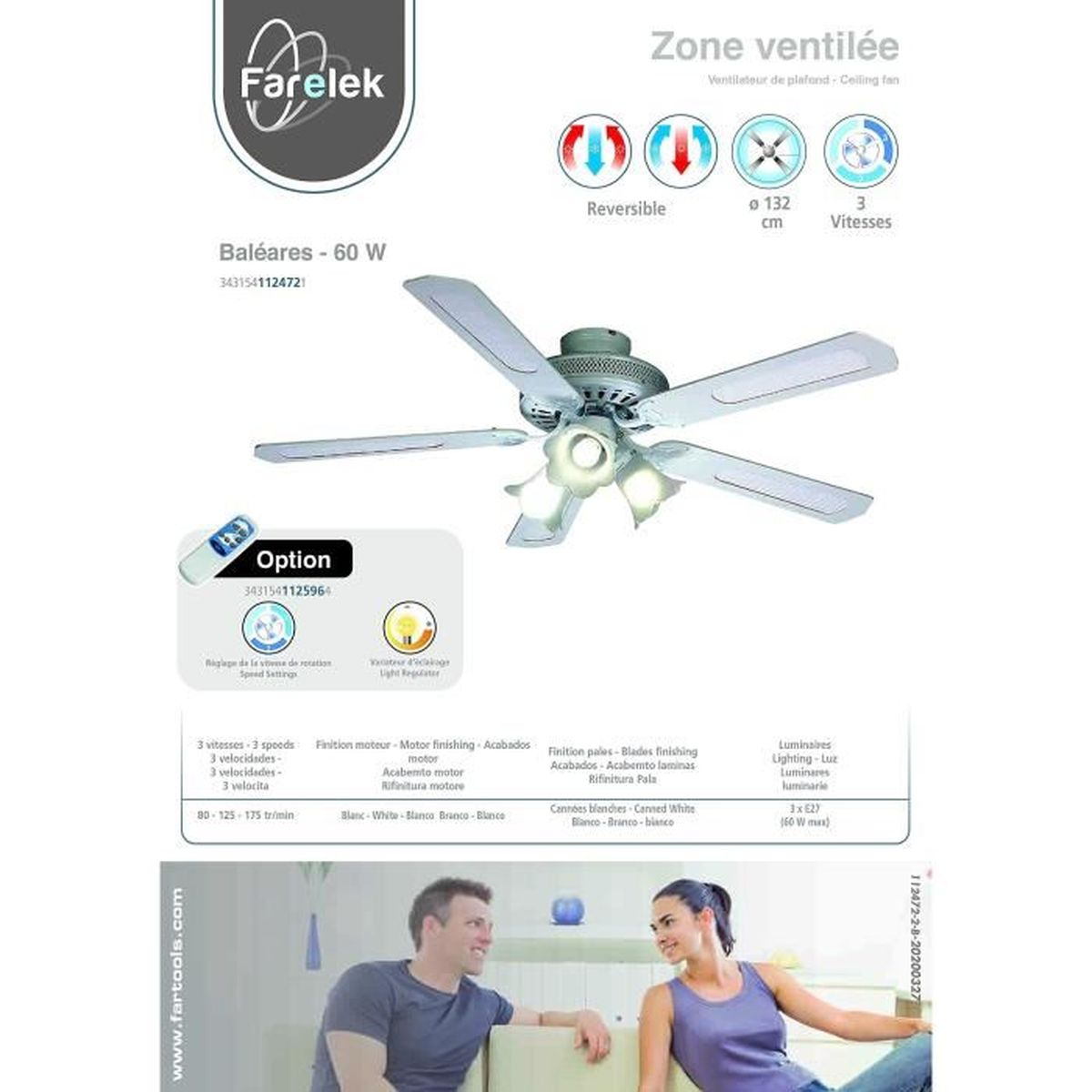 A ceiling fan with a remote and a product description, with a couple in the bottom.