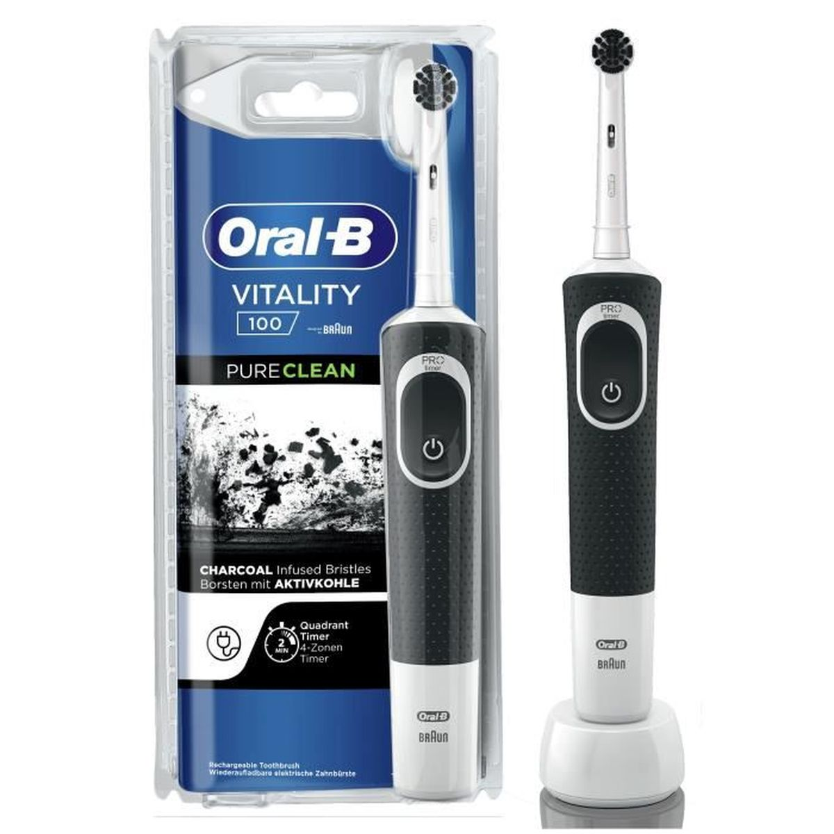 ORAL B 100 und Zahnbürste Weiß schwarz Clean Pure