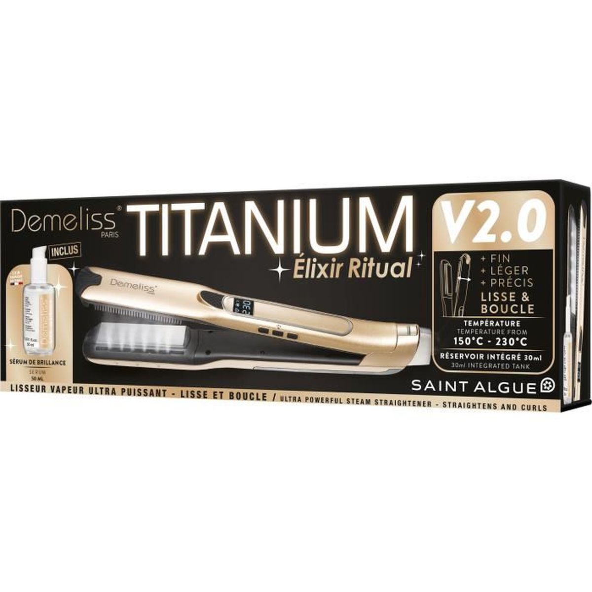 Haarglätterbox. Gold- und Schwarz-Design mit Text. Enthält ein Serum und einen Glätter.