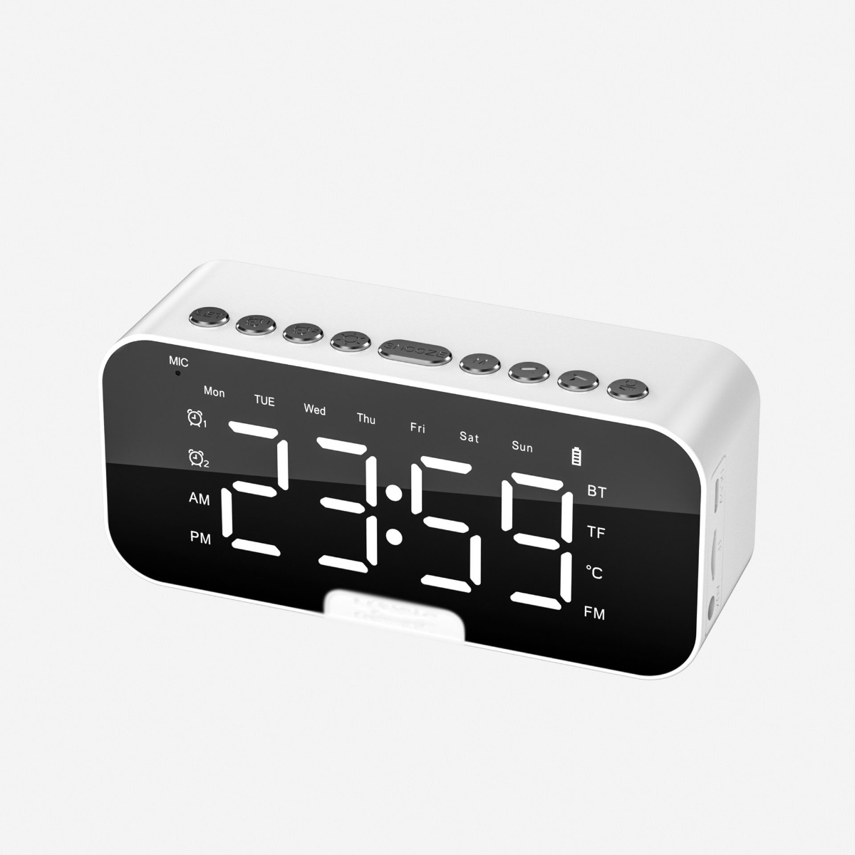 Ein weißer digitaler Wecker mit einem schwarzen Display, das die Uhrzeit 23:59 anzeigt. Es hat Knöpfe.