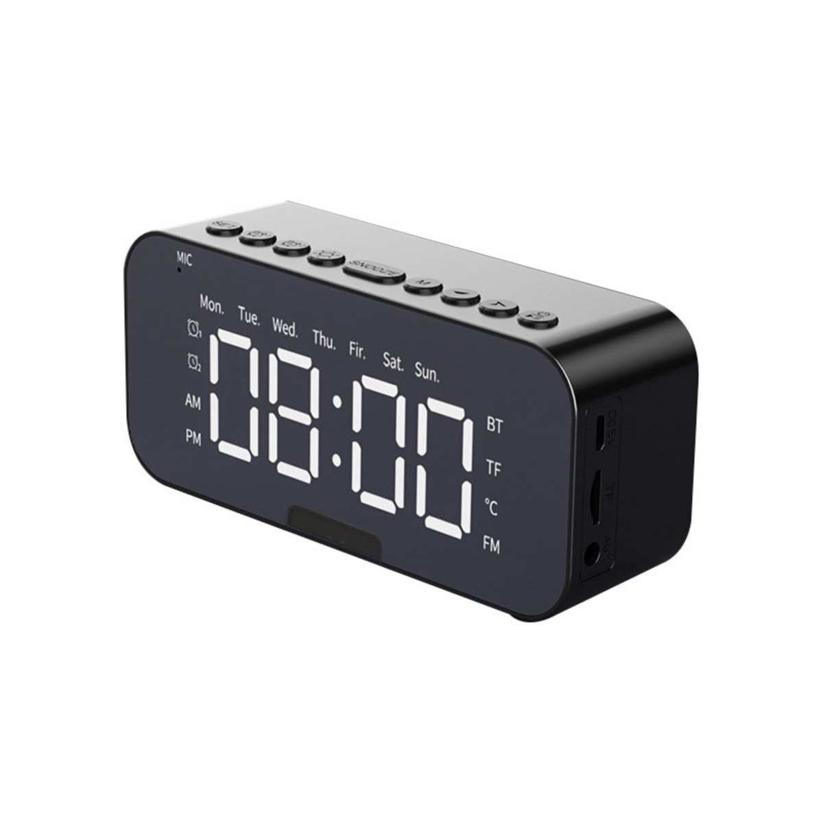 Schwarzer digitaler Wecker mit der Anzeige 08:00 Uhr. Hat Knöpfe für verschiedene Funktionen.