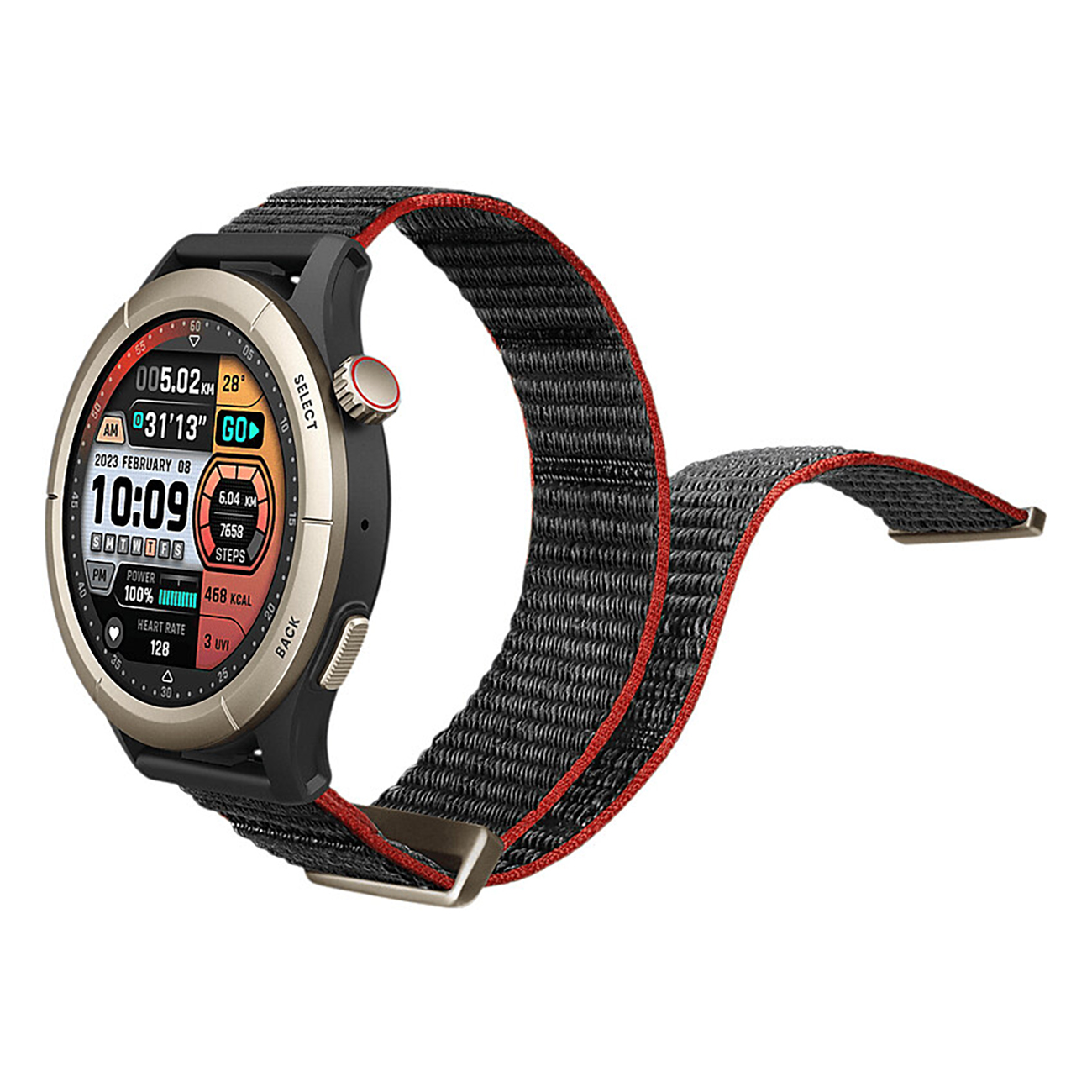 Smartwatch met zwarte band, gouden accenten en rode streep. Display aan.
