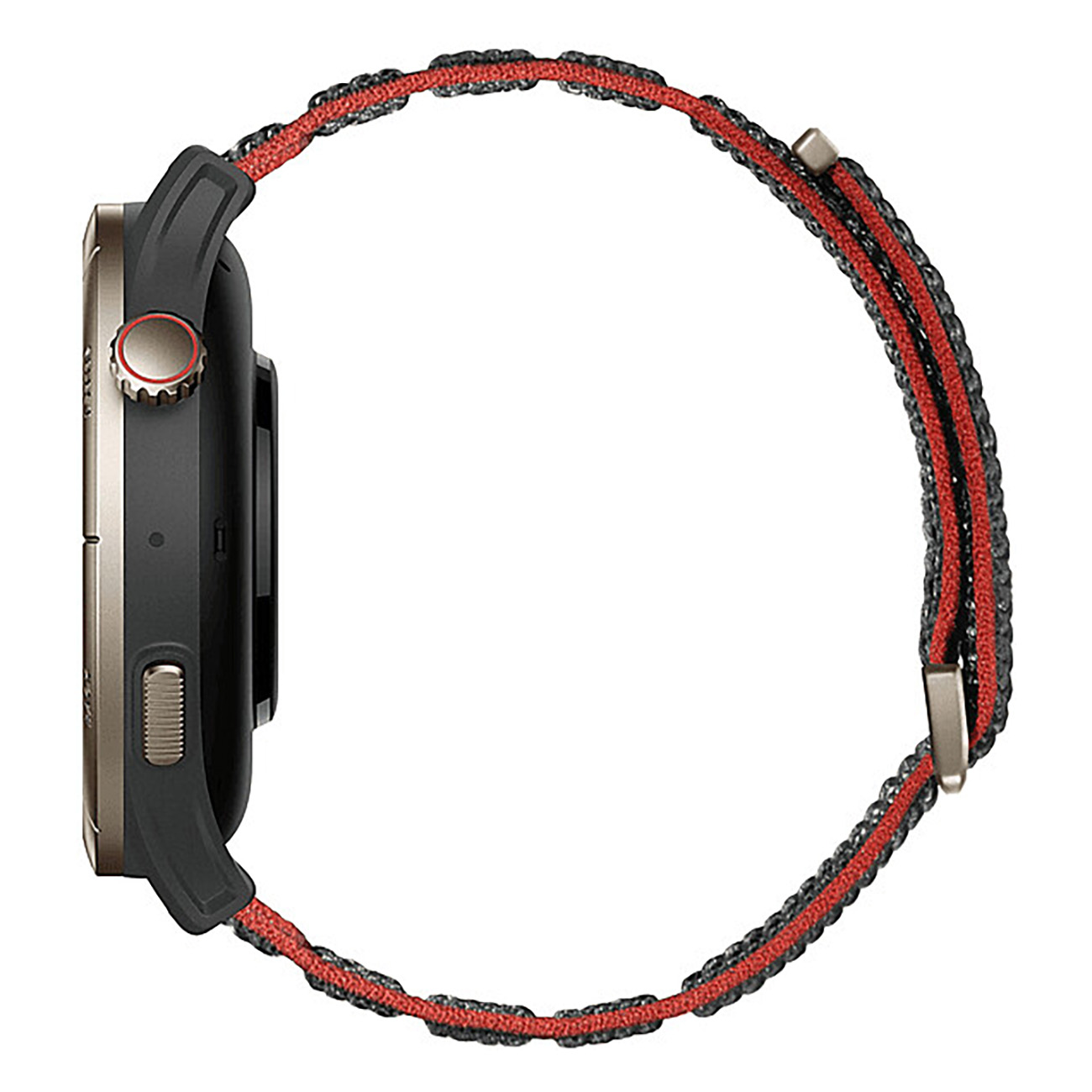 Zijaanzicht van een zwart smartwatch met een rode en zwarte band. Het horloge staat aan.