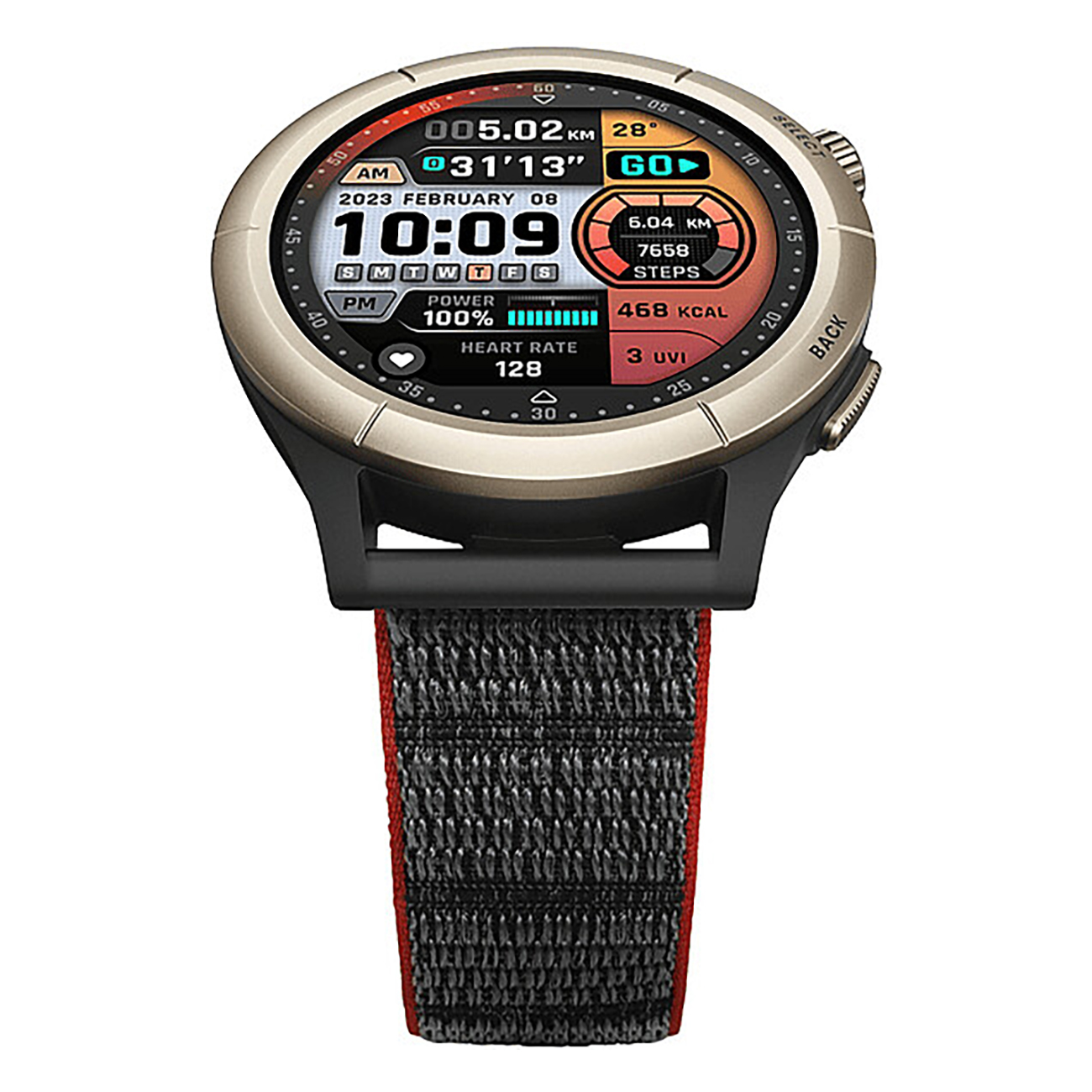 Een goudkleurige smartwatch met een zwarte en rode band. Display toont tijd en gezondheidsgegevens.