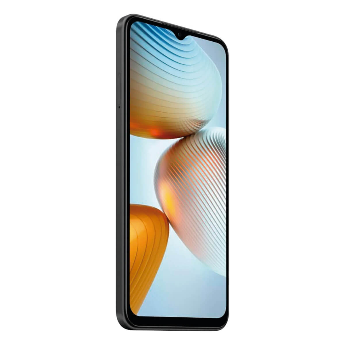 Czarny smartfon z zakrzywionym ekranem wyświetlającym kolorowy, abstrakcyjny obraz.