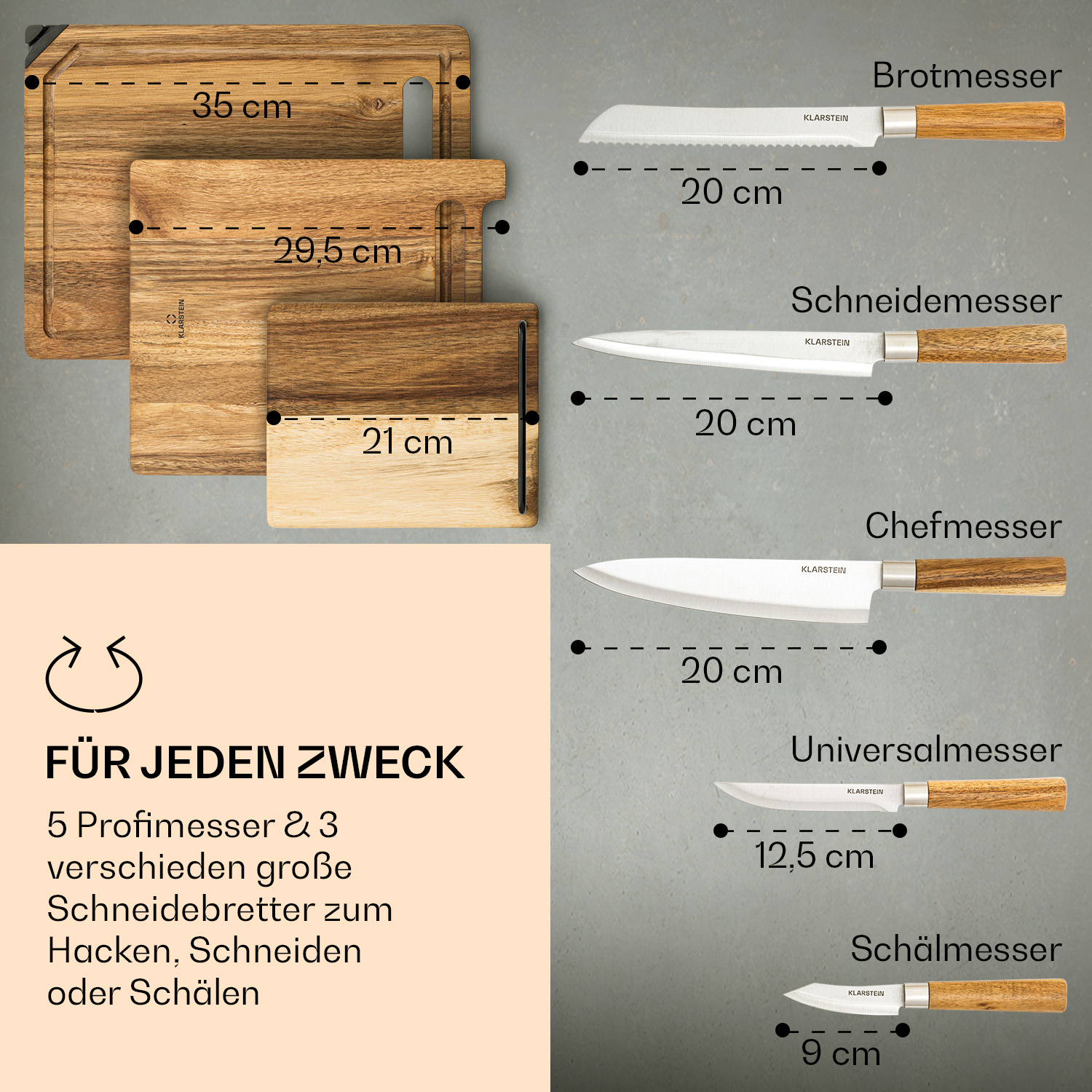 Holzschneidebretter und Messer in verschiedenen Größen werden vor hellbraunem Hintergrund angezeigt.