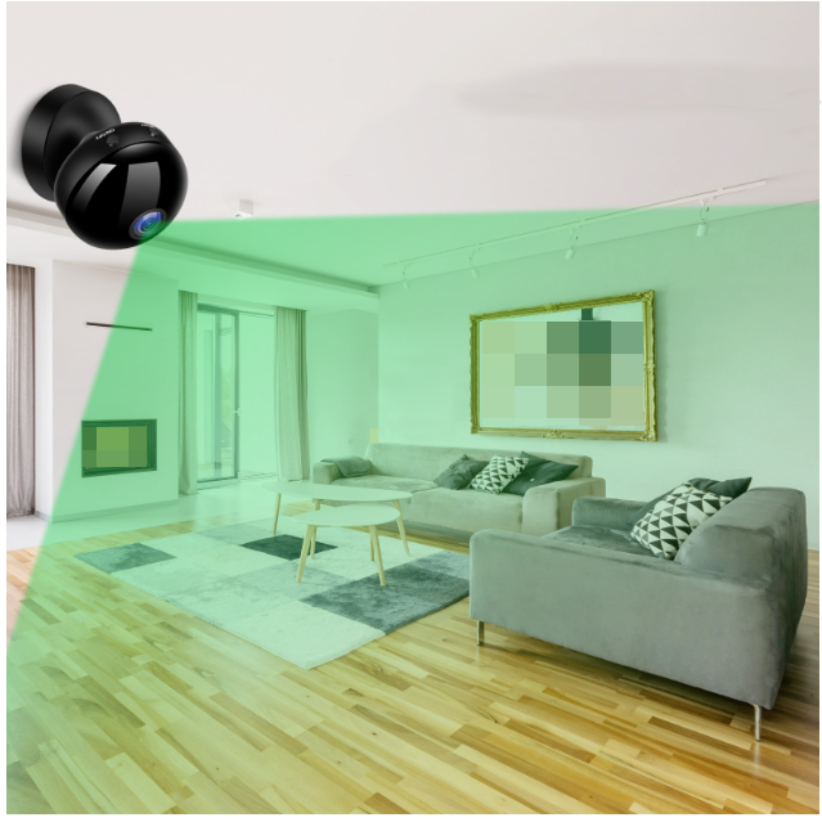 Ein modernes Wohnzimmer mit Überwachungskamera. Grünes Licht zeigt Überwachung an.