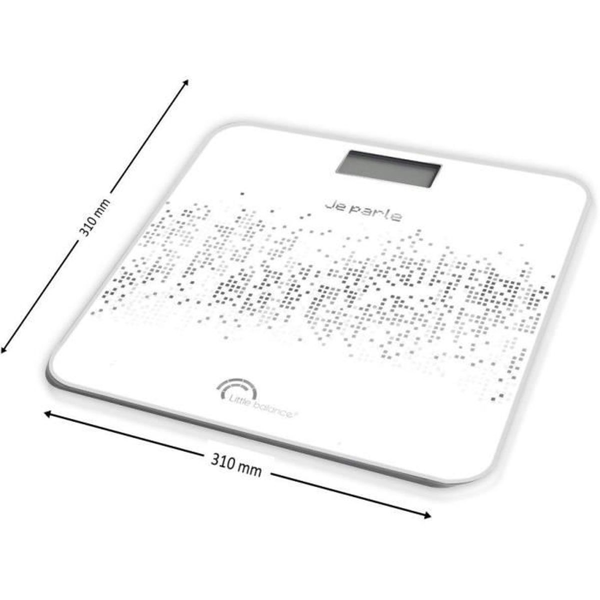 Biała waga cyfrowa ze znacznikami pomiarowymi, widoczny tekst "Je parle".