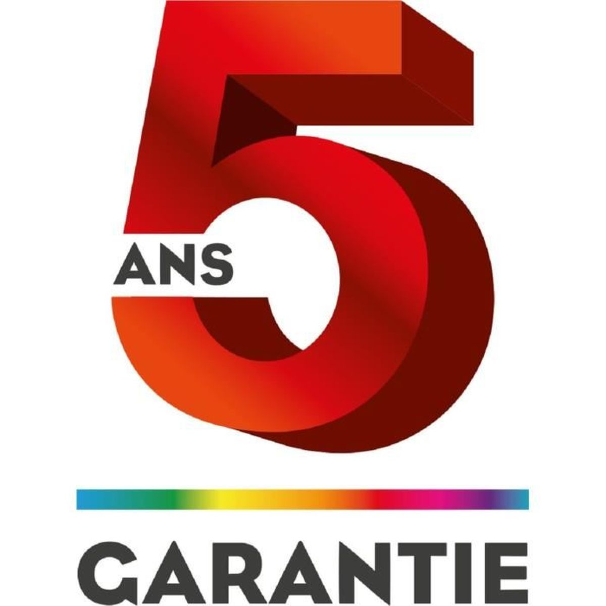 Czerwona liczba 5 z 'ANS' i tęczowym 'GARANTIE' poniżej.