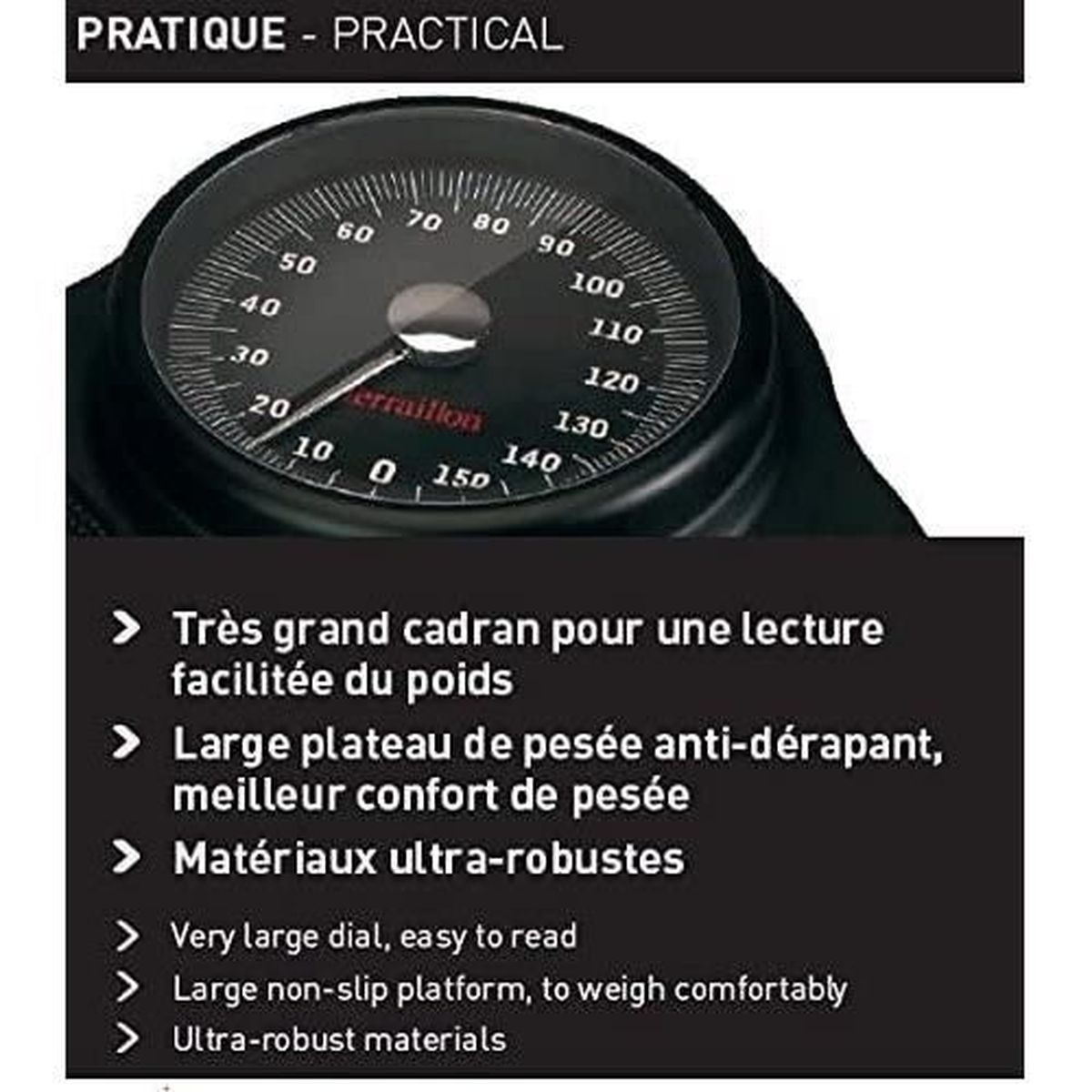 Zbliżenie wagi z tekstem opisującym funkcje.