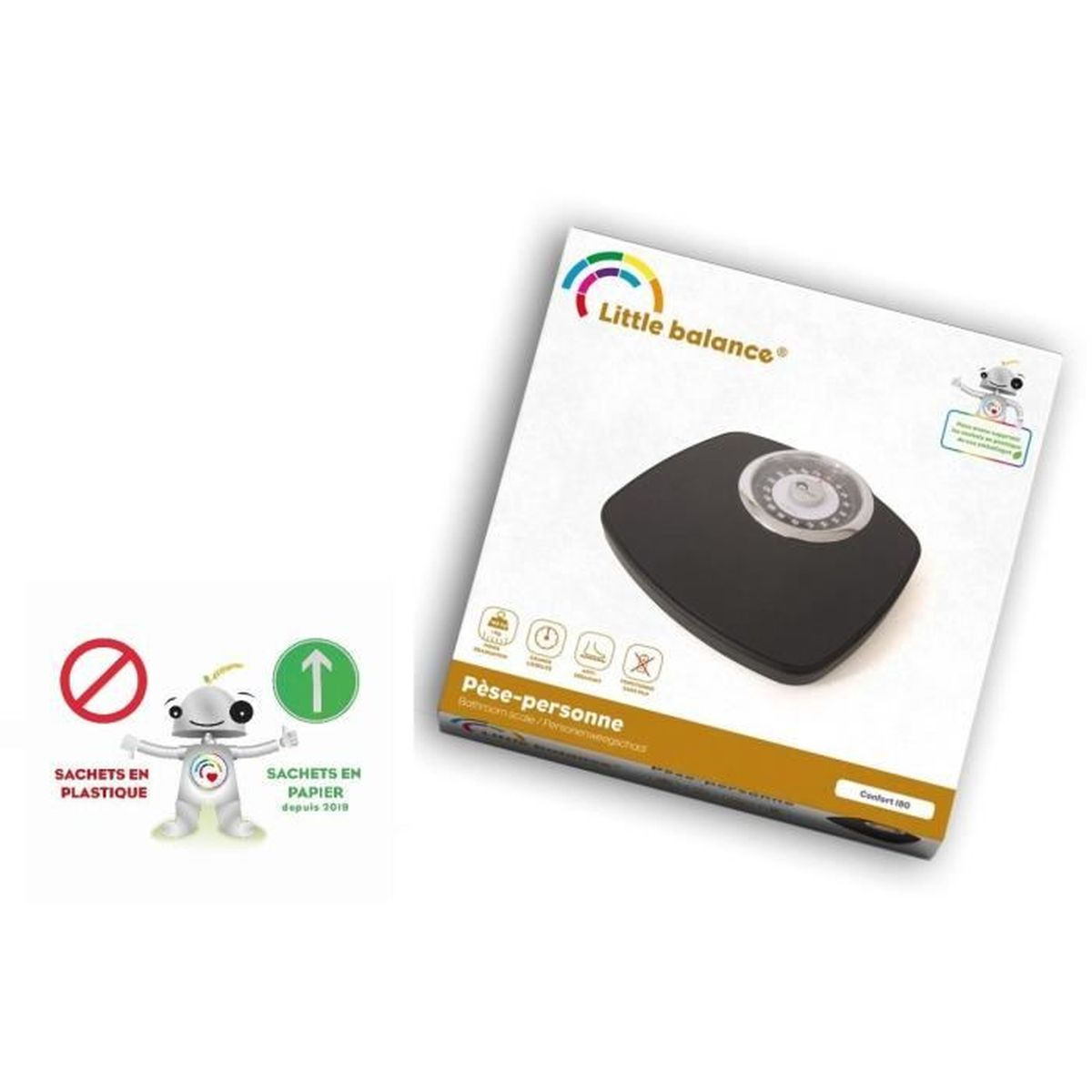 Waga i opakowanie. Bez plastikowych toreb. Białe tło, postacie z kreskówek.