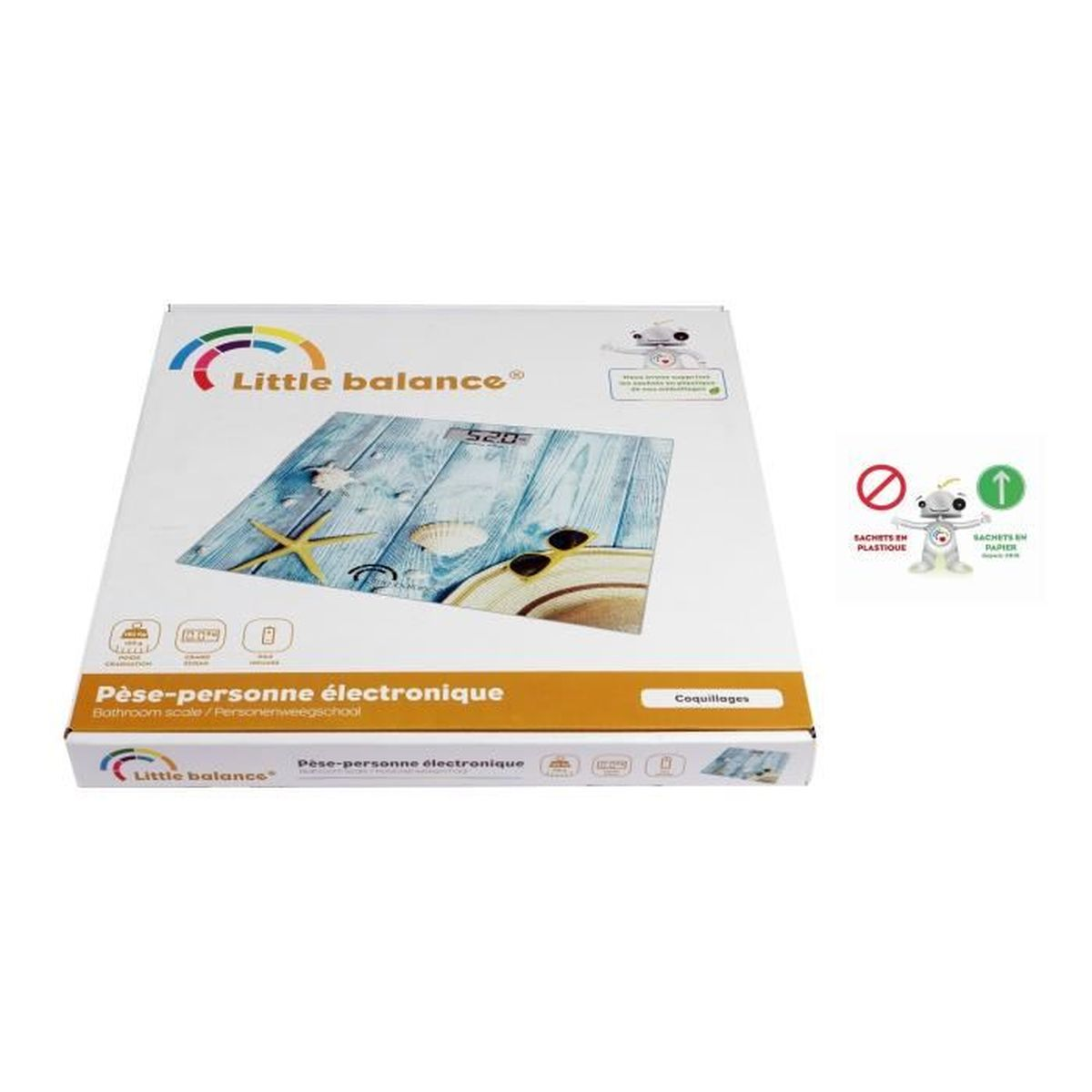 Waga łazienkowa, pudełko z obrazem wagi, motyw plażowy, tekst w kilku językach.