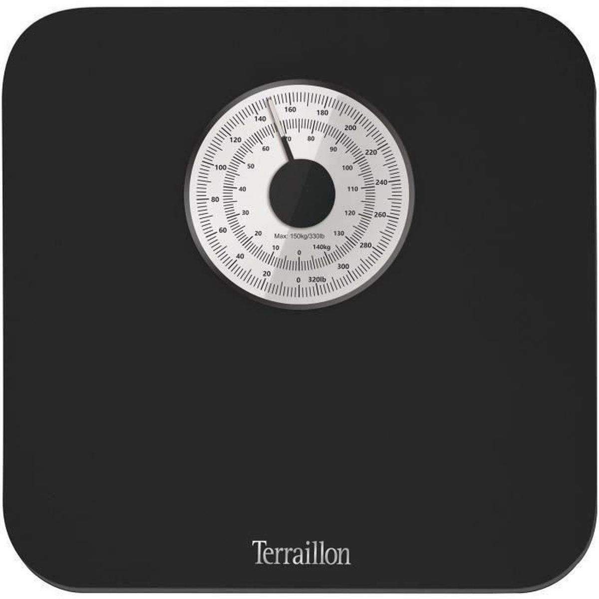 Czarna waga łazienkowa z białą okrągłą tarczą. Pokazuje liczby i igłę wskazującą wagę.