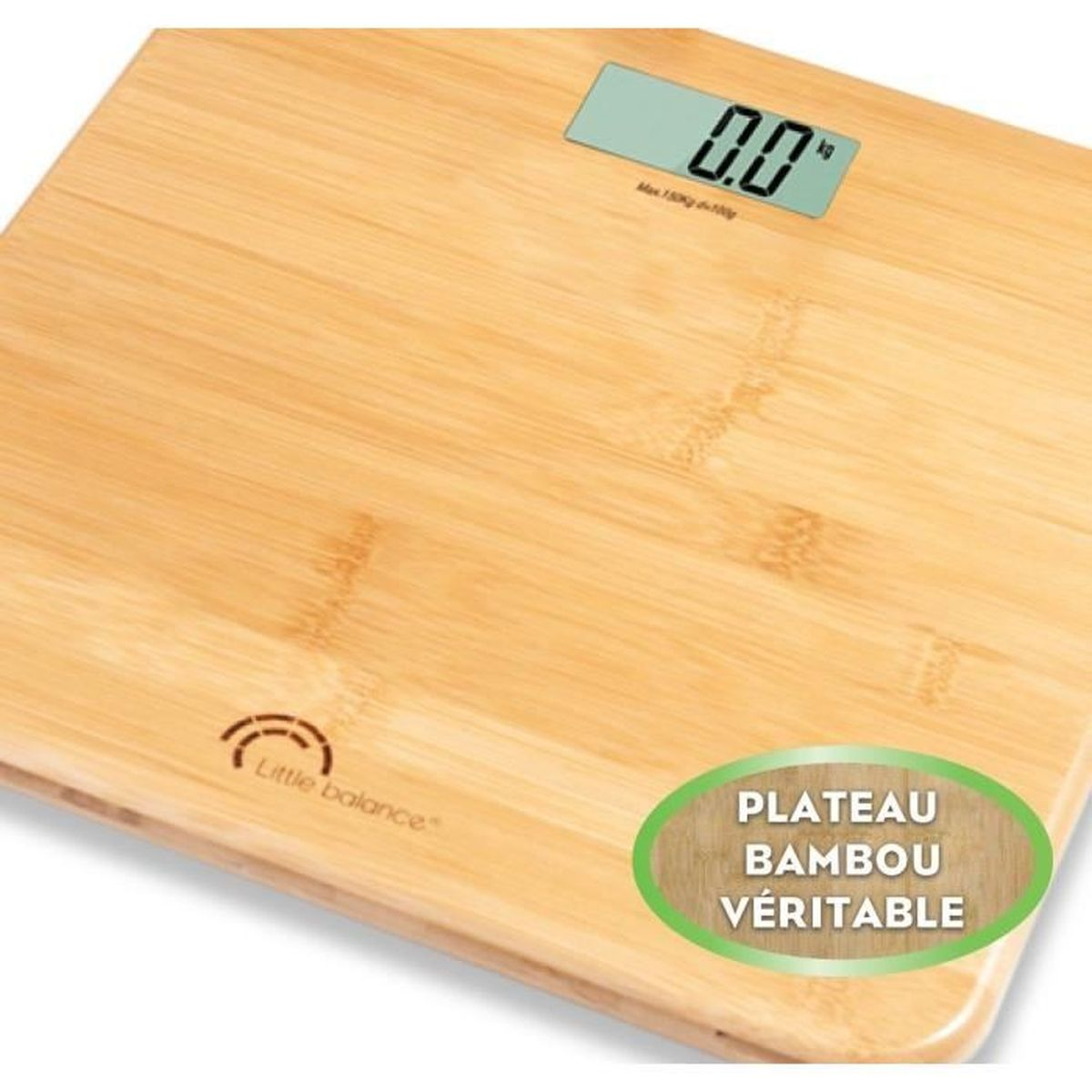 Bambusowa waga łazienkowa z wynikiem 0.0 na wyświetlaczu.