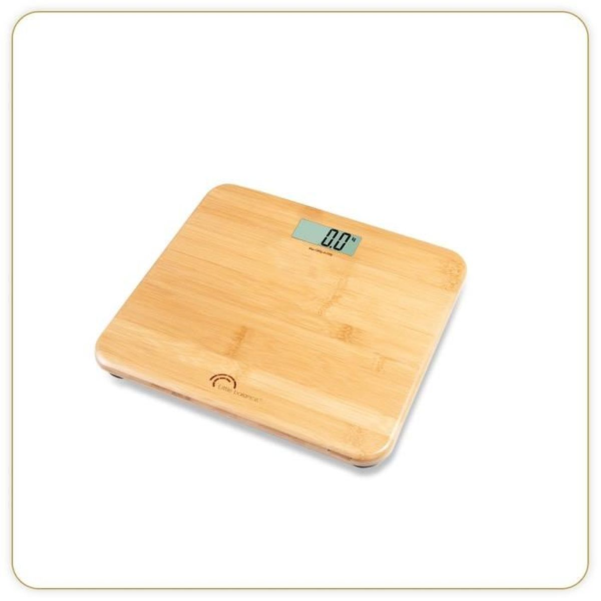 Drewniana waga cyfrowa z podświetlanym wyświetlaczem pokazującym '0.0' na białej powierzchni.