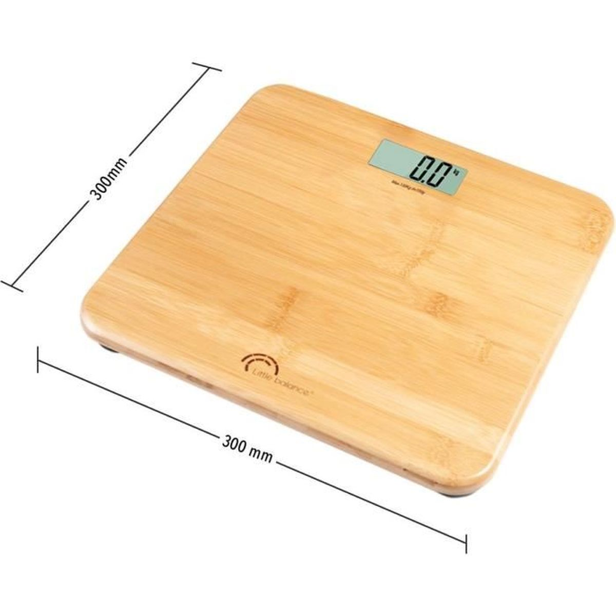 Drewniana waga łazienkowa z wyświetlaczem cyfrowym. Pokazuje zerową wagę.