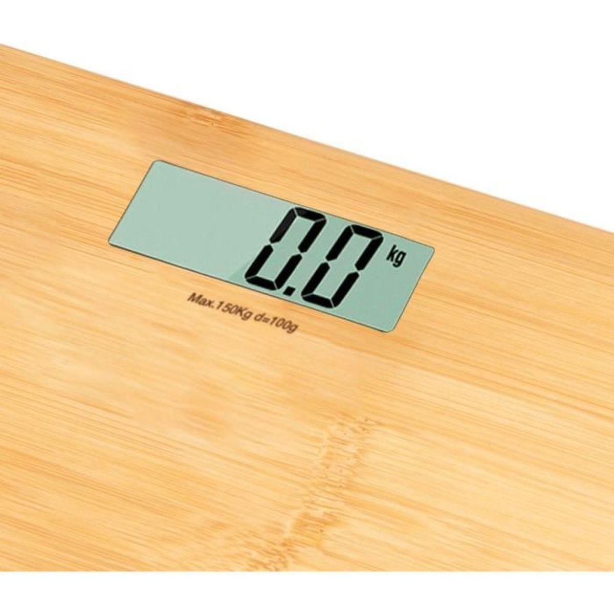 Waga cyfrowa pokazująca 0,0 kg. Tło z fakturą drewna.